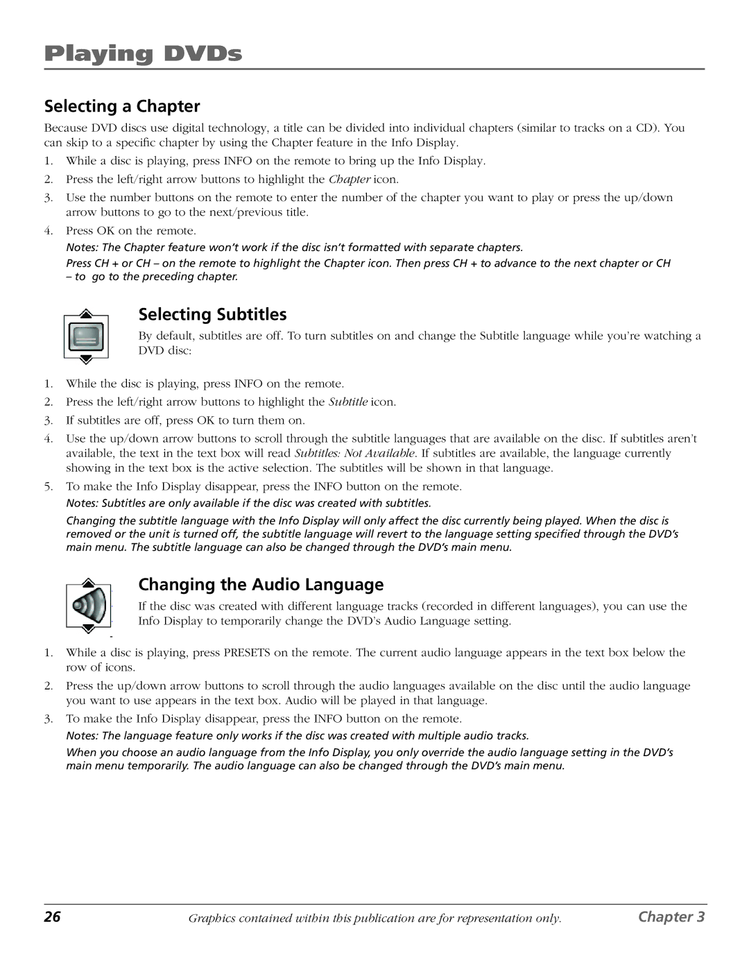 RCA D61W136DB manual Selecting a Chapter, Selecting Subtitles, Changing the Audio Language 