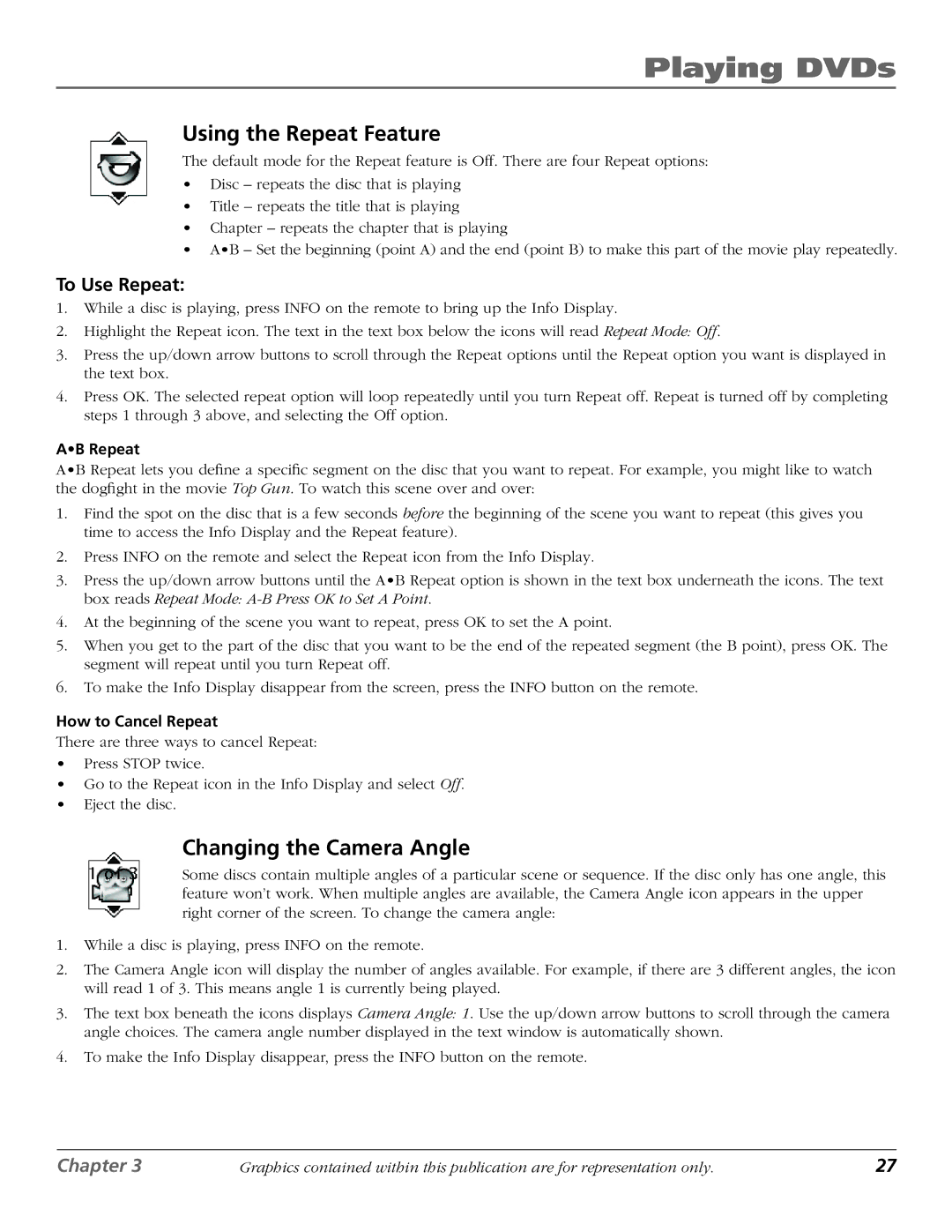 RCA D61W136DB manual Using the Repeat Feature, Changing the Camera Angle, To Use Repeat, AB Repeat, How to Cancel Repeat 