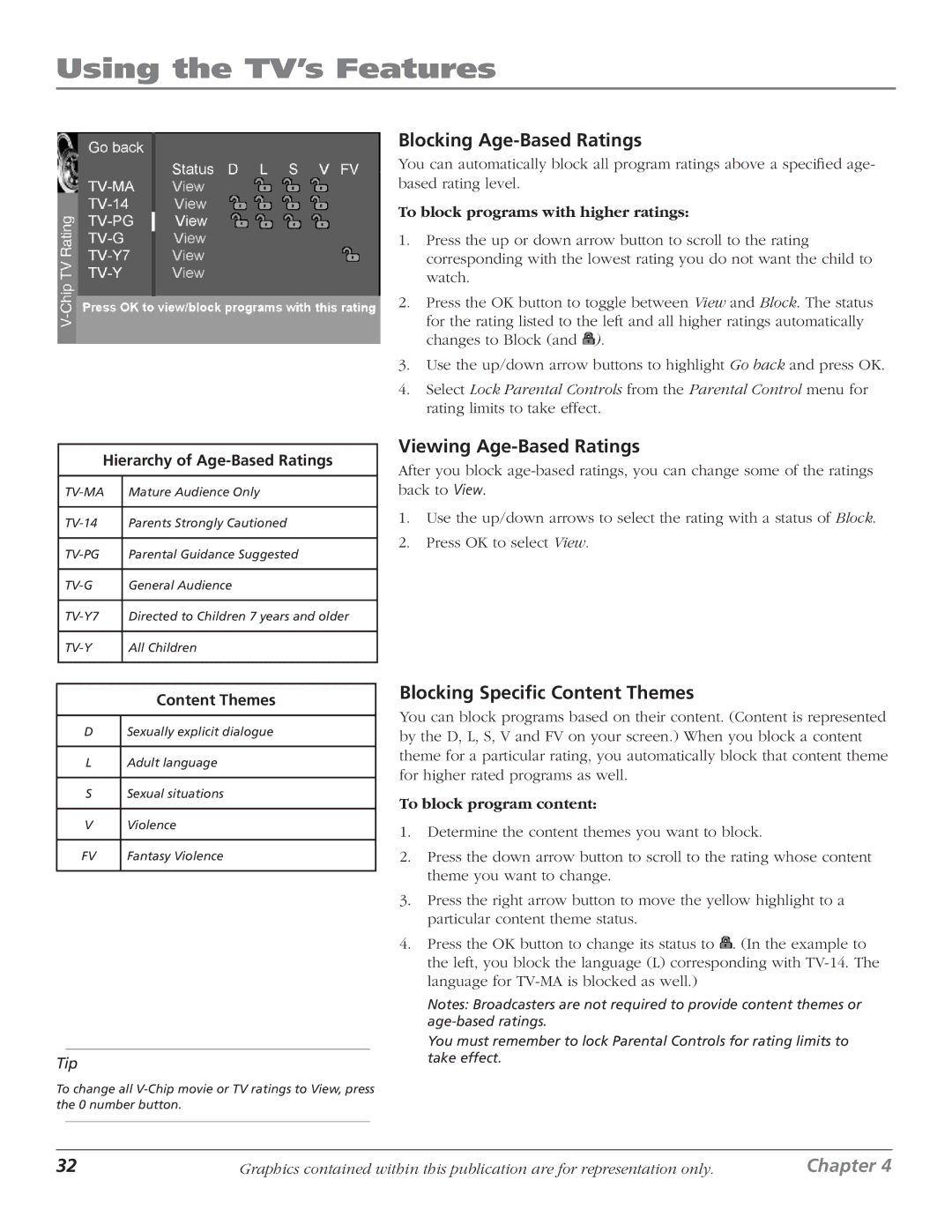 RCA D61W136DB manual Blocking Age-Based Ratings, Viewing Age-Based Ratings, Blocking Specific Content Themes 