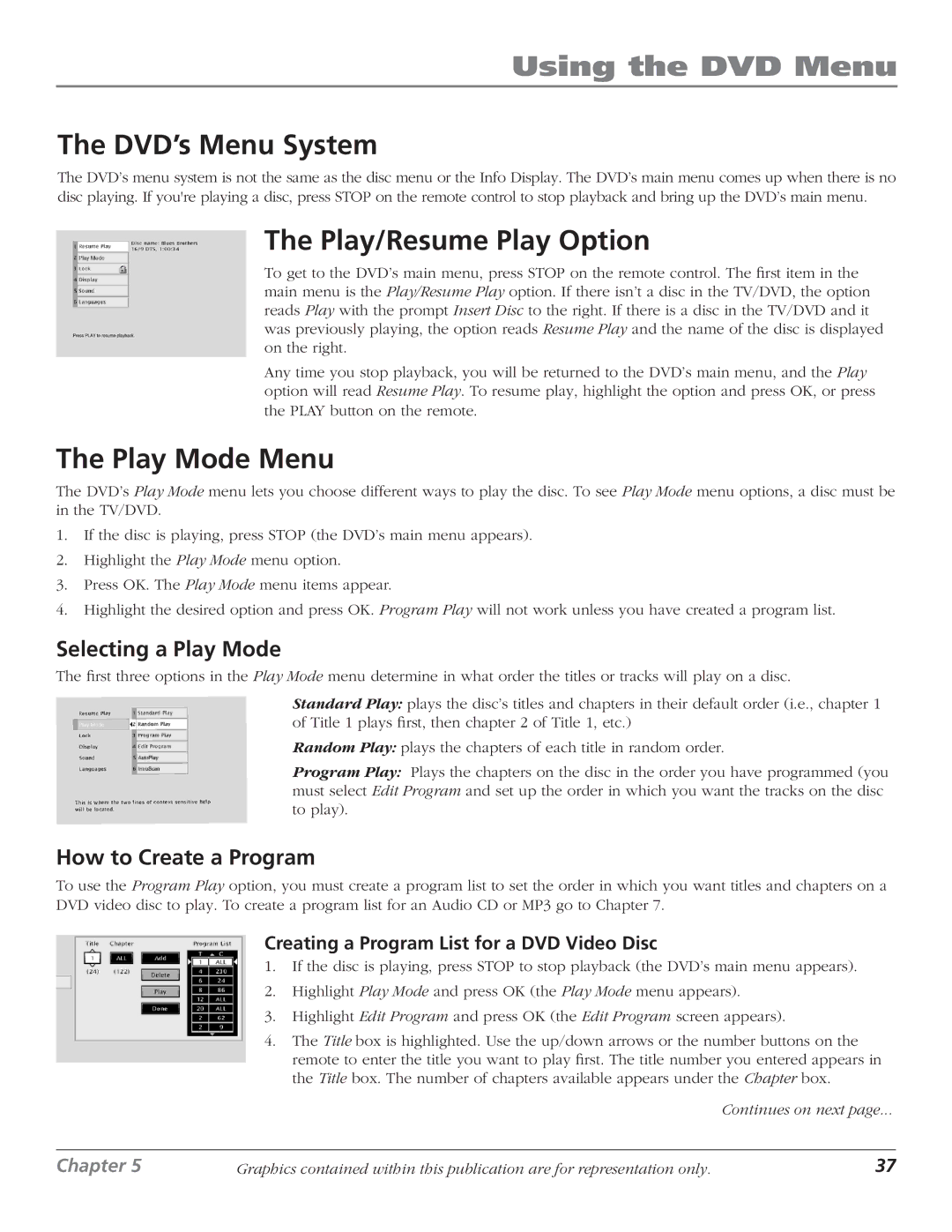 RCA D61W136DB manual Using the DVD Menu, DVD’s Menu System, Play/Resume Play Option, Play Mode Menu 