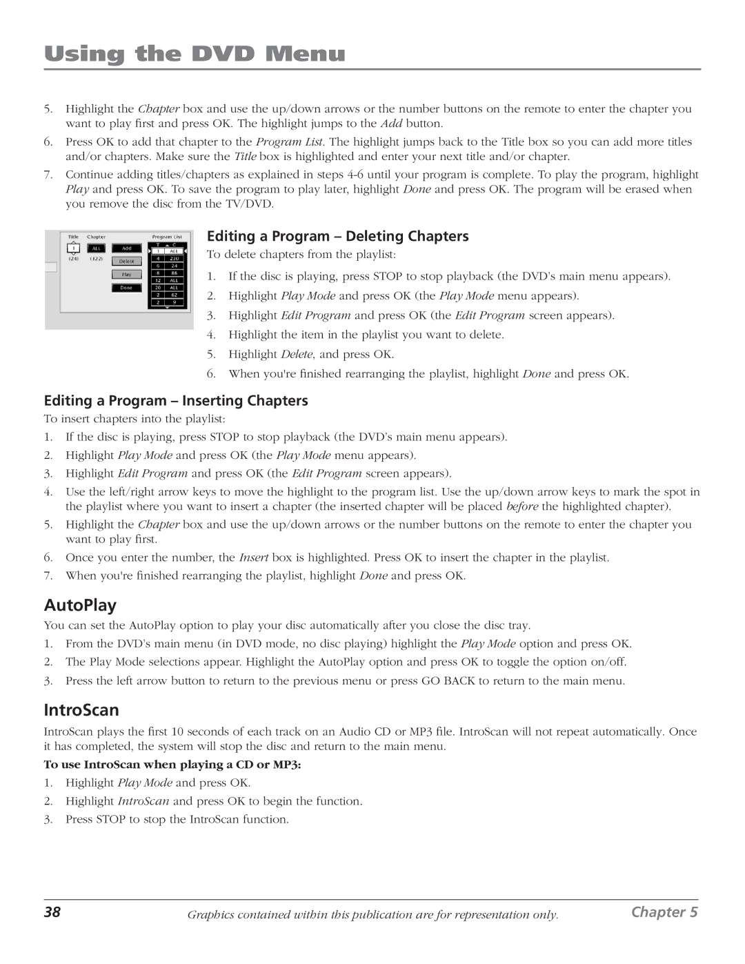 RCA D61W136DB manual AutoPlay, IntroScan, Editing a Program Deleting Chapters, Editing a Program Inserting Chapters 