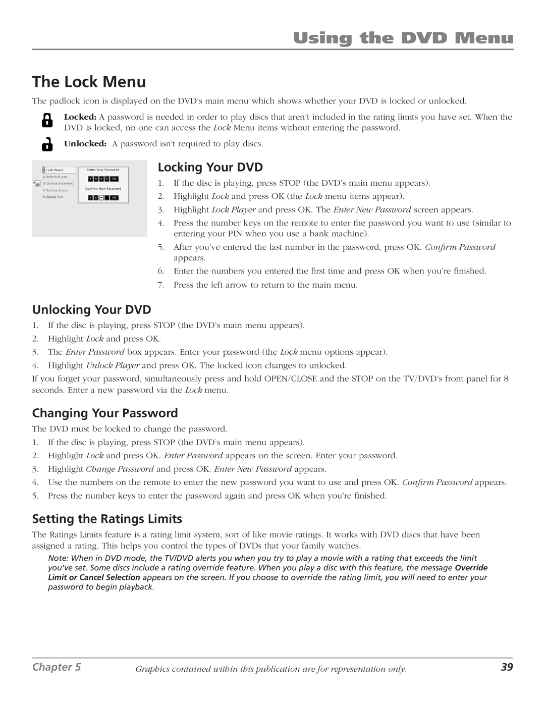 RCA D61W136DB manual Lock Menu, Locking Your DVD, Unlocking Your DVD, Changing Your Password, Setting the Ratings Limits 