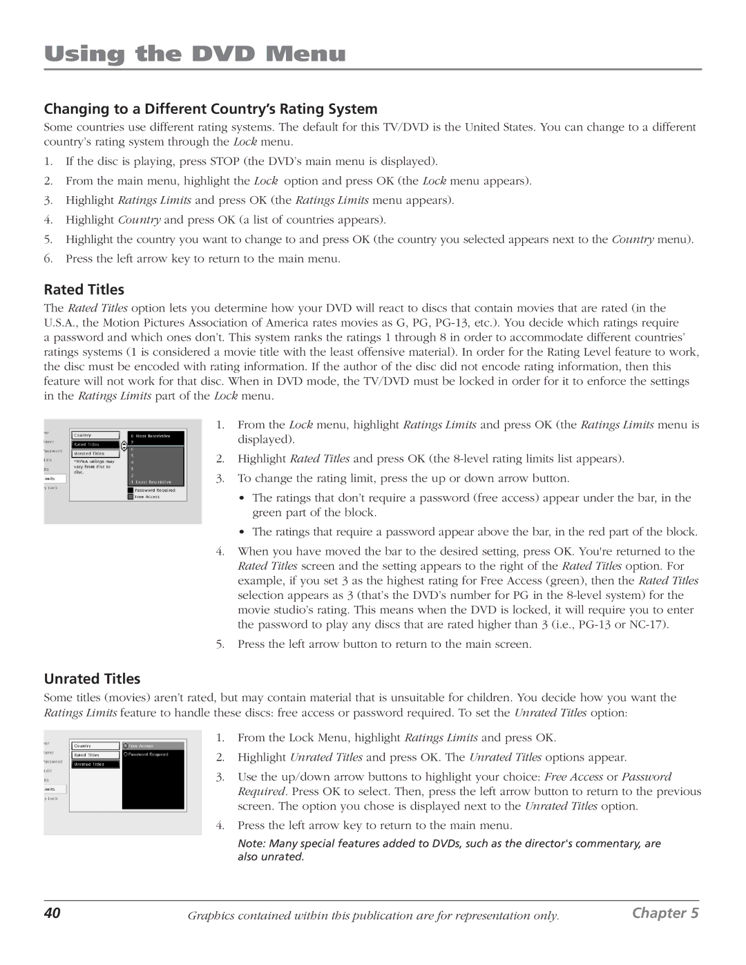 RCA D61W136DB manual Changing to a Different Country’s Rating System, Rated Titles, Unrated Titles 