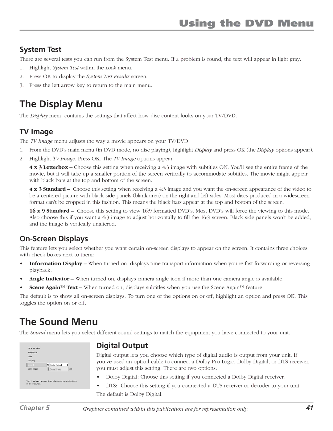 RCA D61W136DB manual Display Menu, Sound Menu 