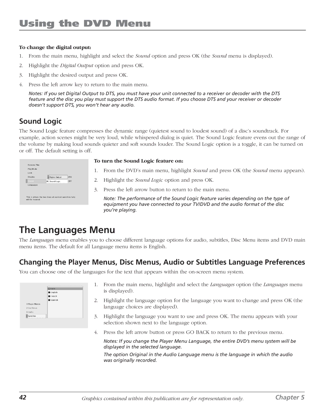 RCA D61W136DB manual Languages Menu, To change the digital output, To turn the Sound Logic feature on 