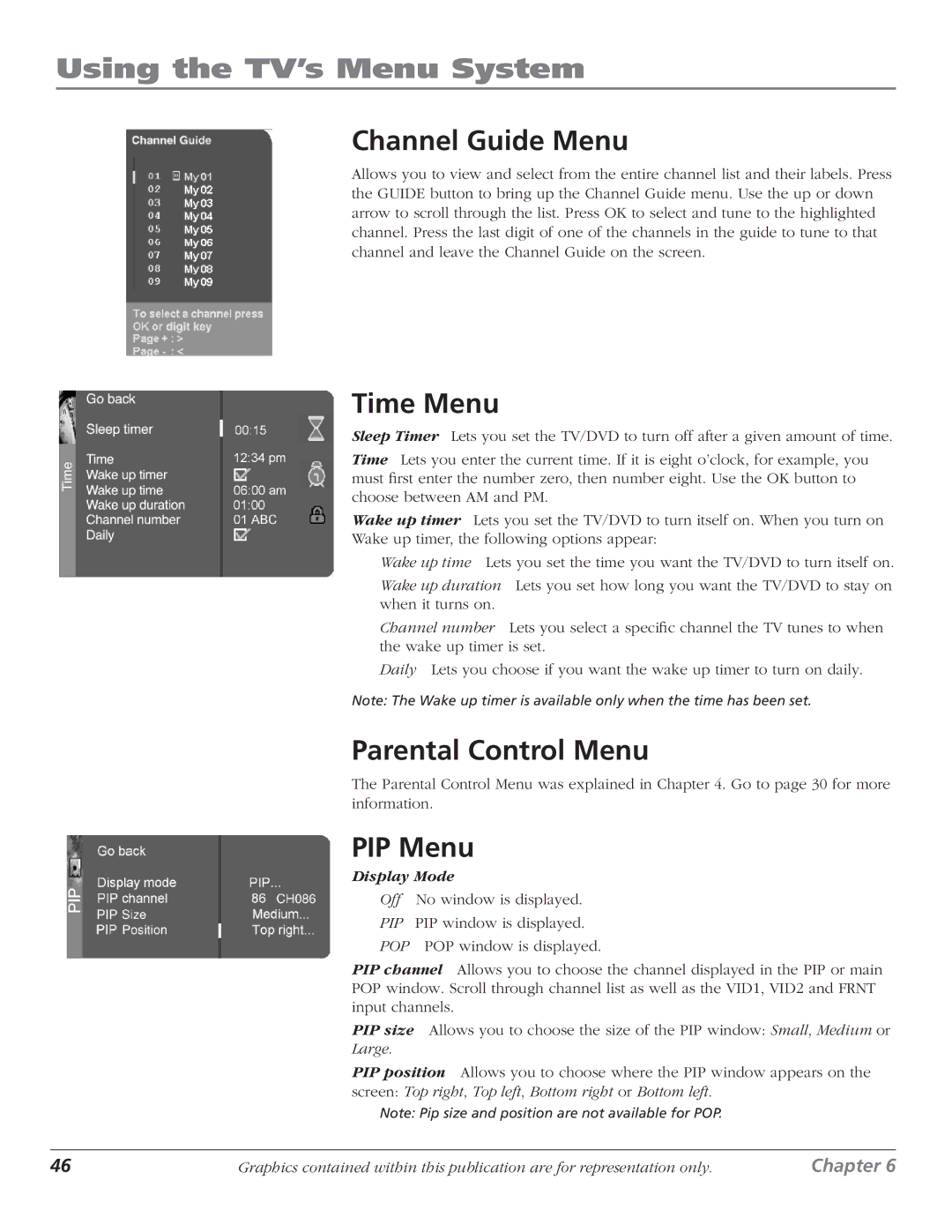 RCA D61W136DB manual Channel Guide Menu, Time Menu, Parental Control Menu, PIP Menu 