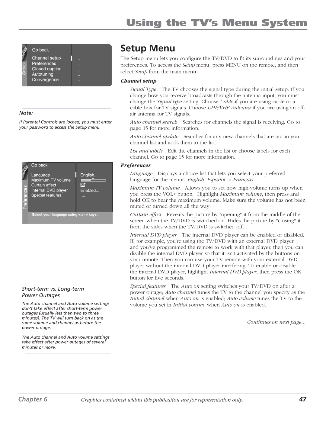 RCA D61W136DB manual Setup Menu, Short-term vs. Long-term Power Outages 