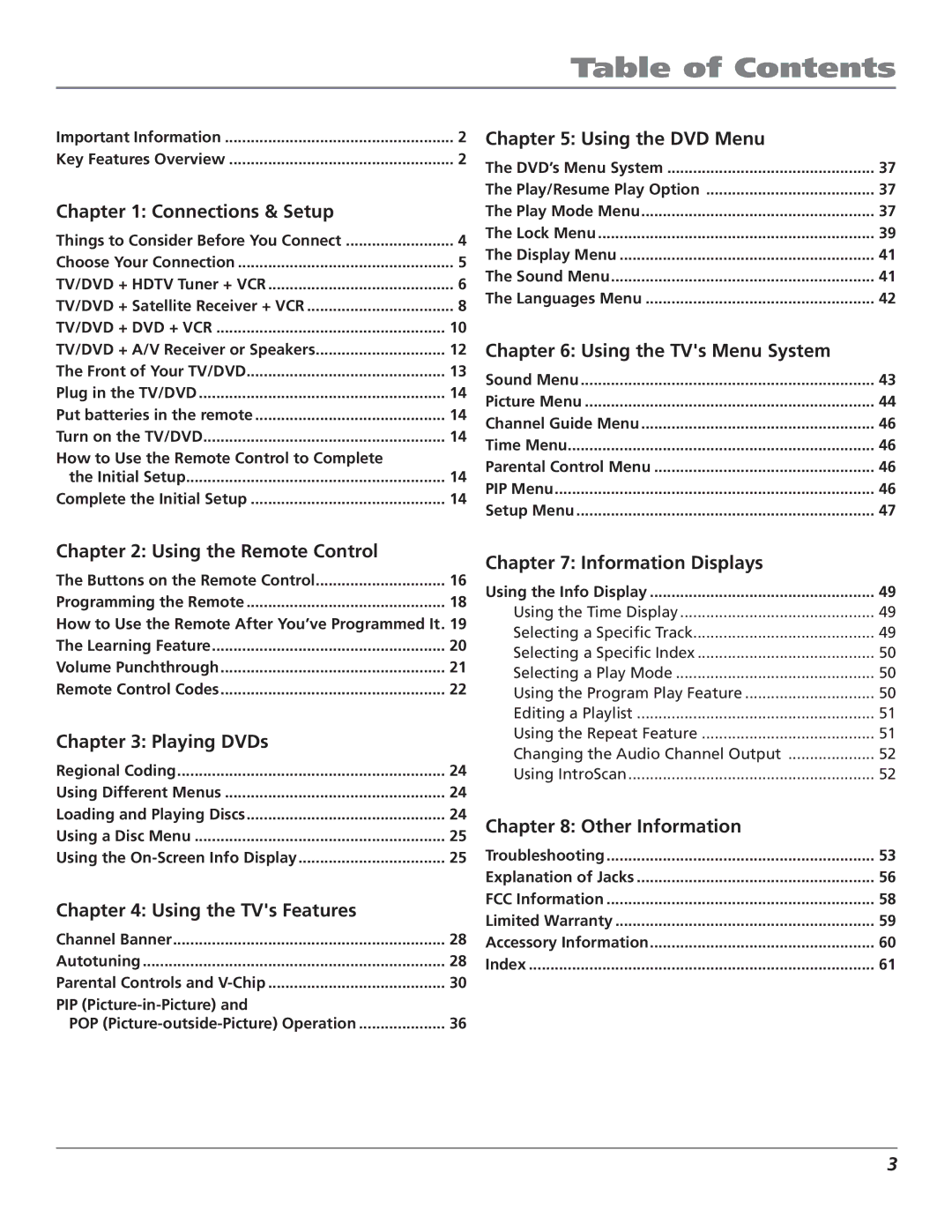 RCA D61W136DB manual Table of Contents 