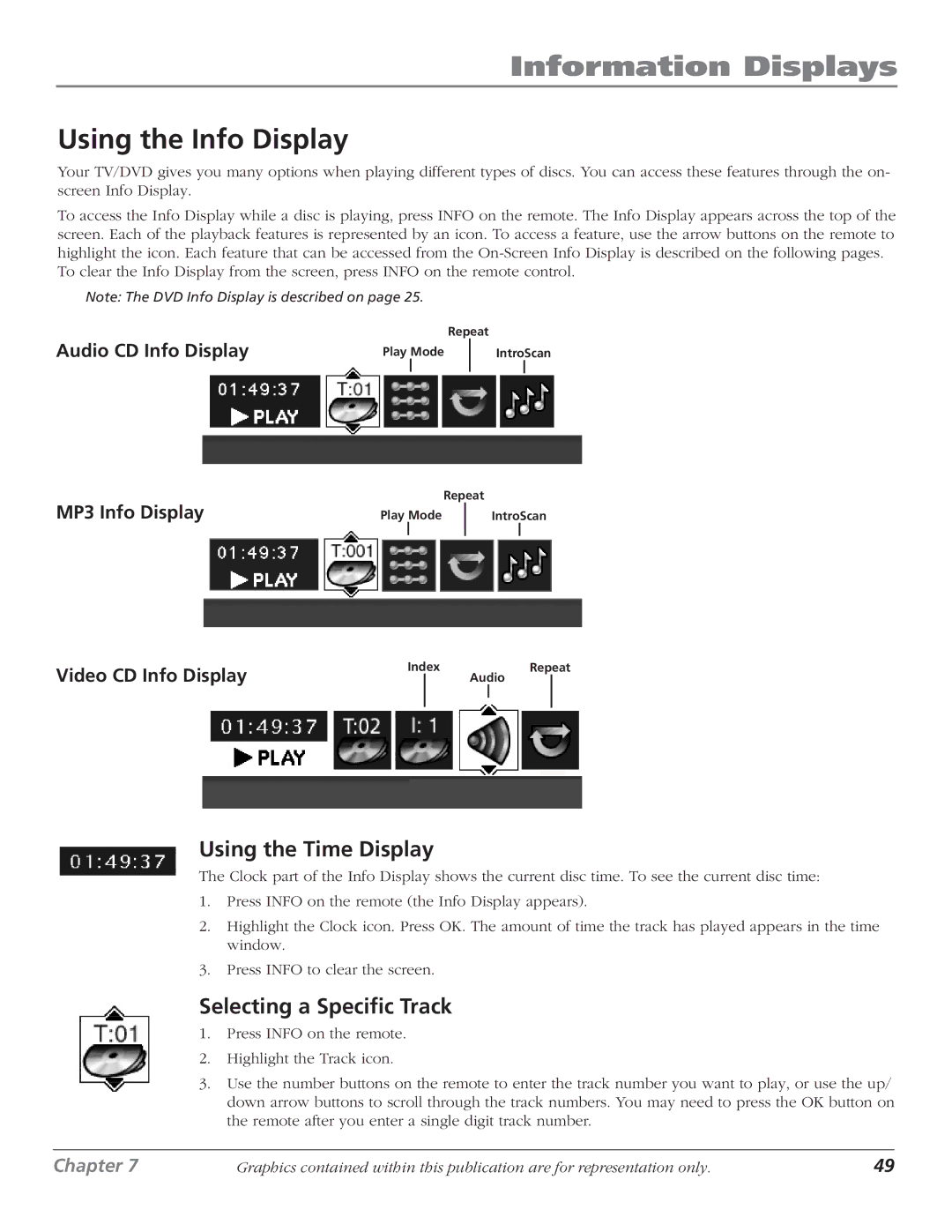 RCA D61W136DB manual Information Displays, Using the Info Display, Using the Time Display, Selecting a Specific Track 