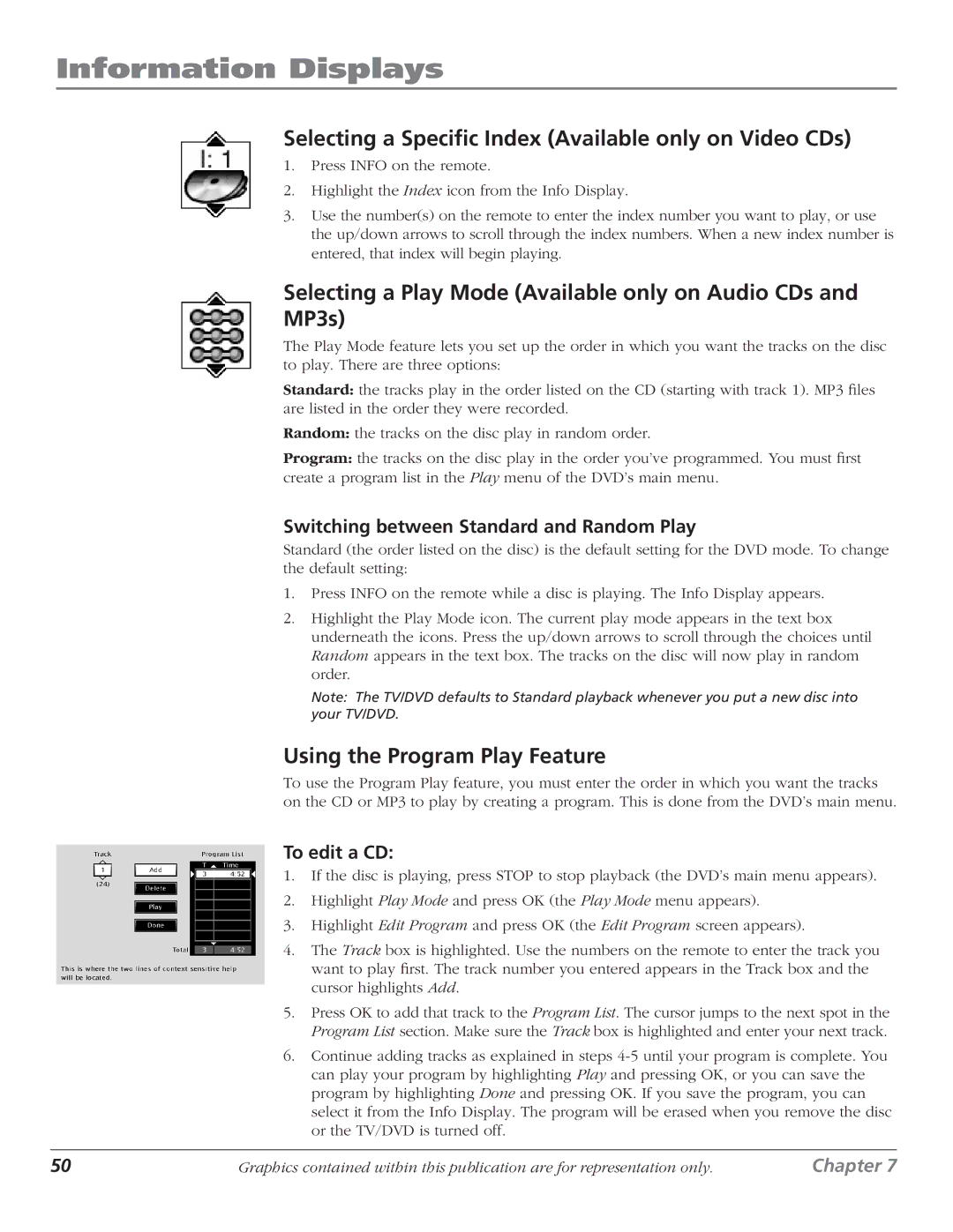 RCA D61W136DB manual Selecting a Specific Index Available only on Video CDs, Using the Program Play Feature, To edit a CD 