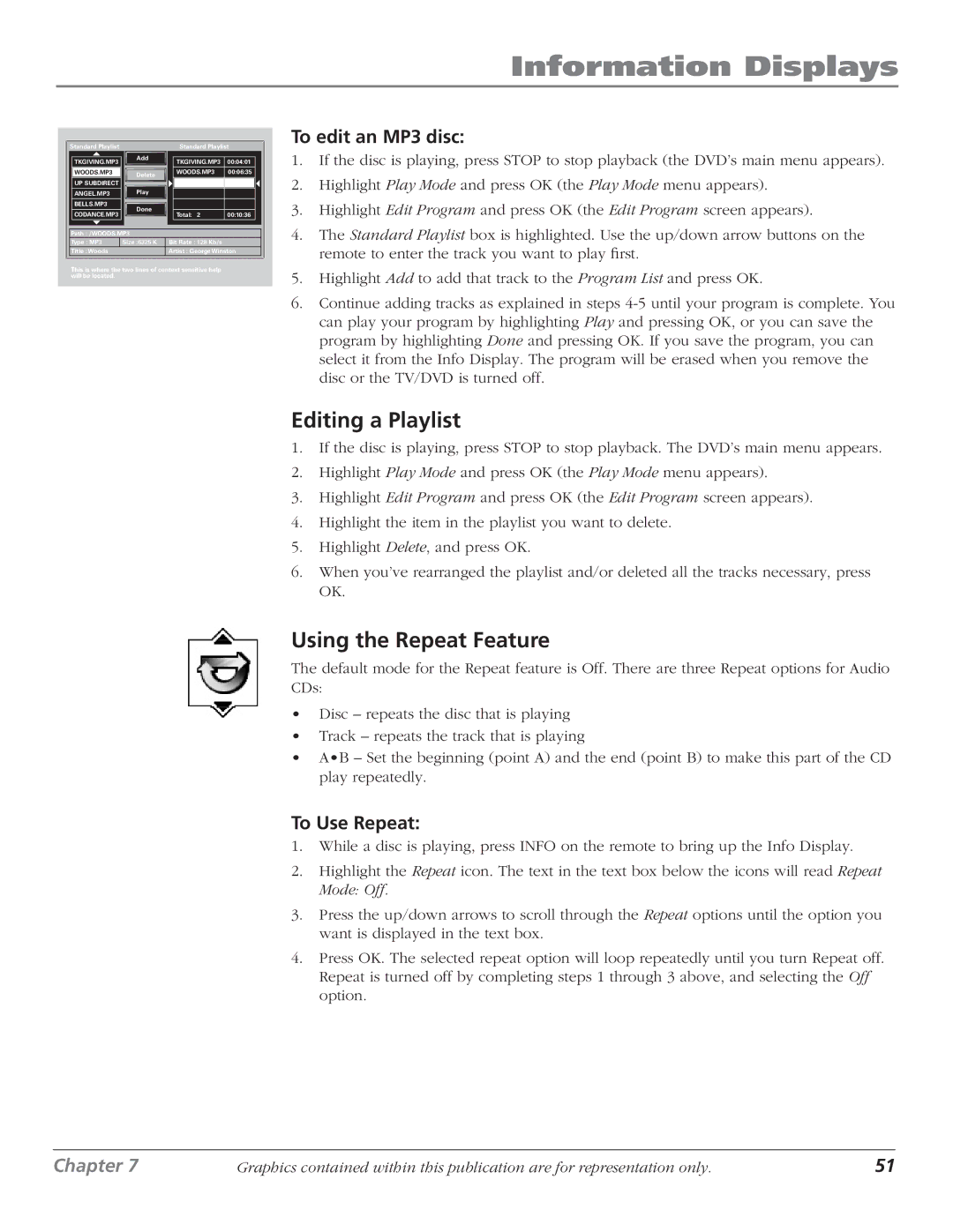 RCA D61W136DB manual Editing a Playlist, To edit an MP3 disc 