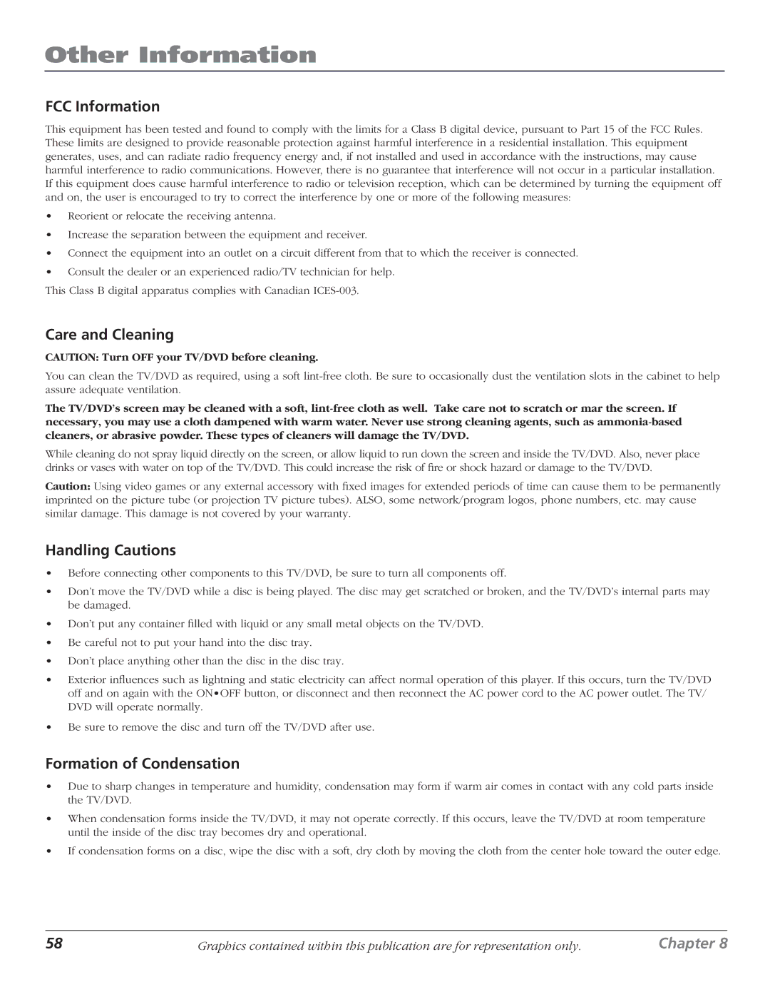 RCA D61W136DB manual FCC Information, Care and Cleaning, Handling Cautions, Formation of Condensation 