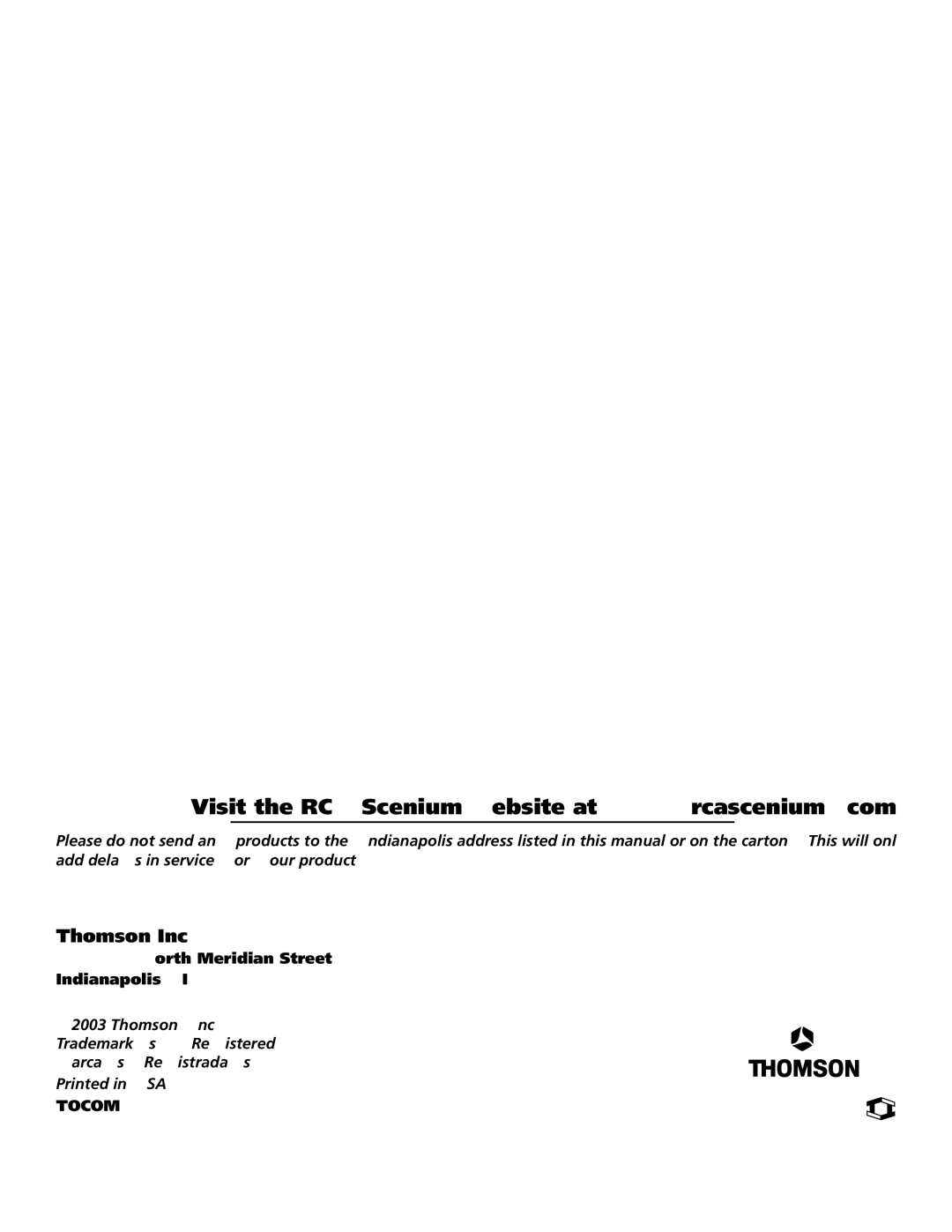 RCA D61W136DB manual Thomson Inc, North Meridian Street Indianapolis, Tocom 