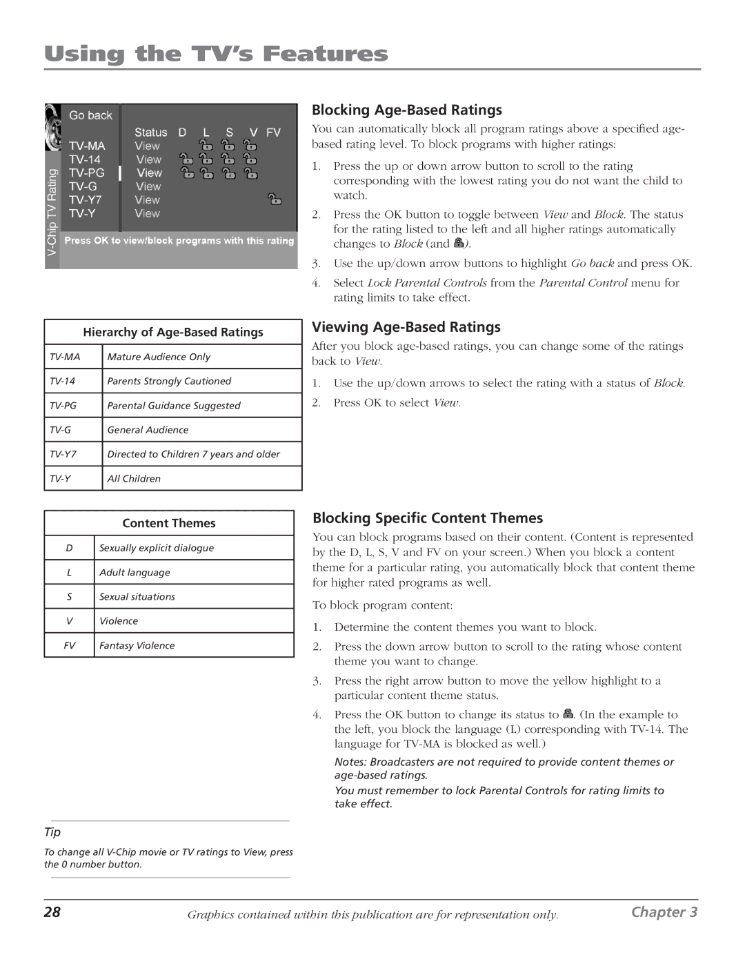 RCA D61W17B manual Blocking Age-Based Ratings, Viewing Age-Based Ratings, Blocking Specific Content Themes 