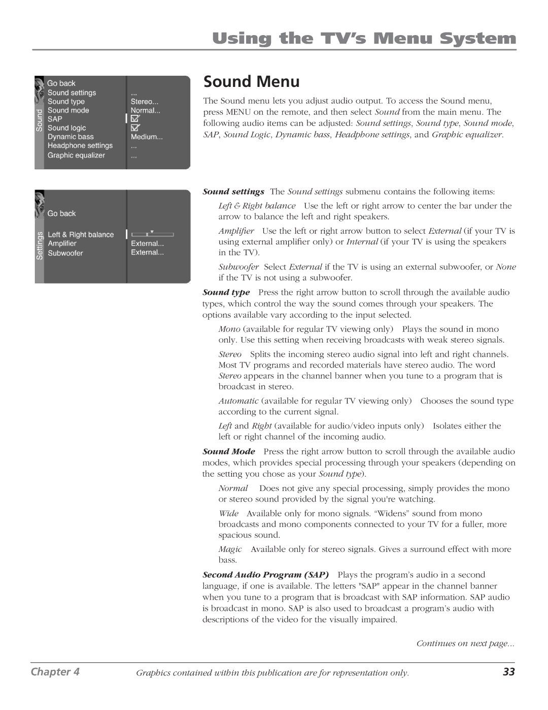 RCA D61W17B manual Using the TV’s Menu System, Sound Menu 