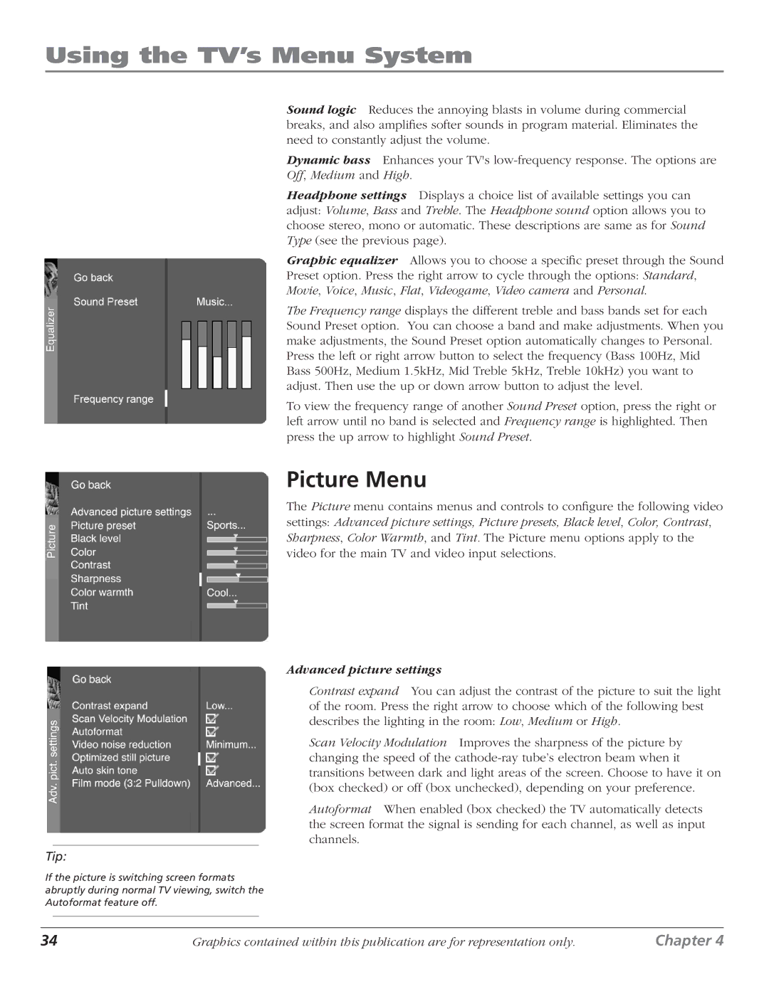 RCA D61W17B manual Picture Menu, Advanced picture settings 