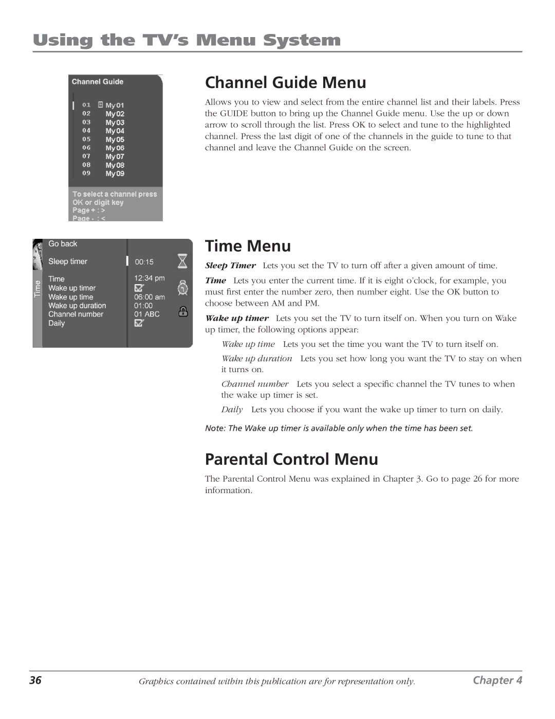 RCA D61W17B manual Channel Guide Menu, Time Menu, Parental Control Menu 