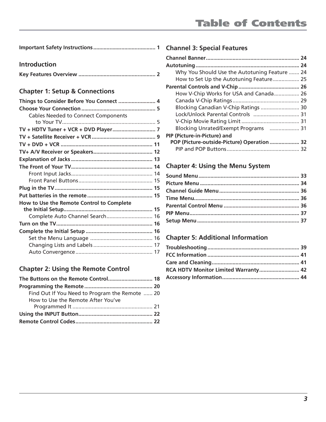 RCA D61W17B manual Table of Contents 