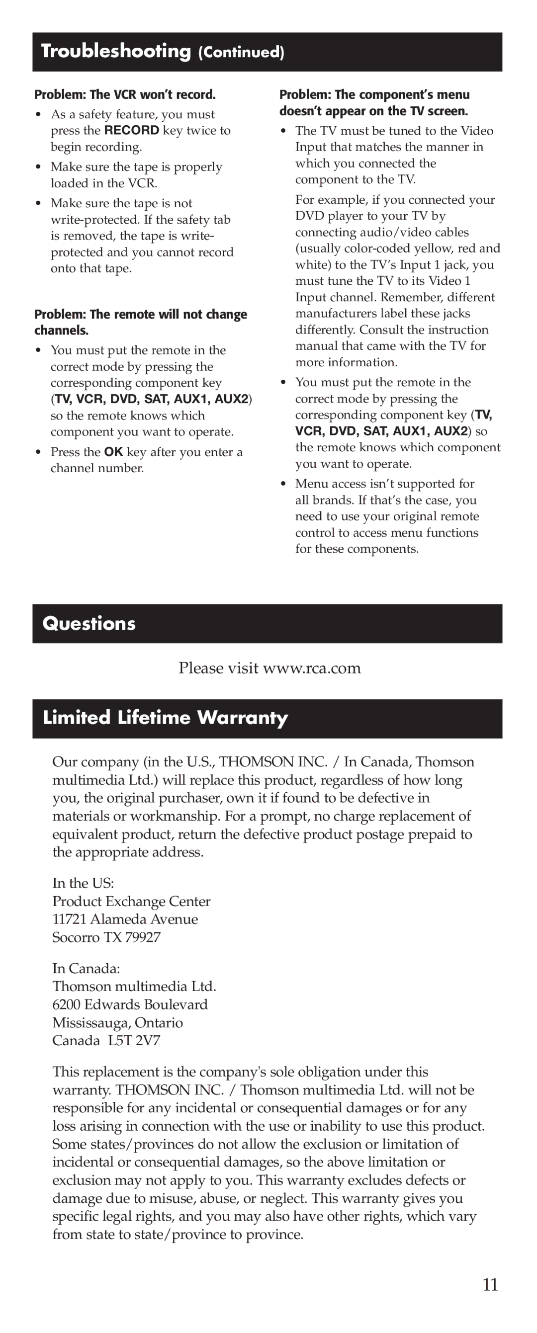 RCA D770 manual Questions Limited Lifetime Warranty, Problem The VCR won’t record 