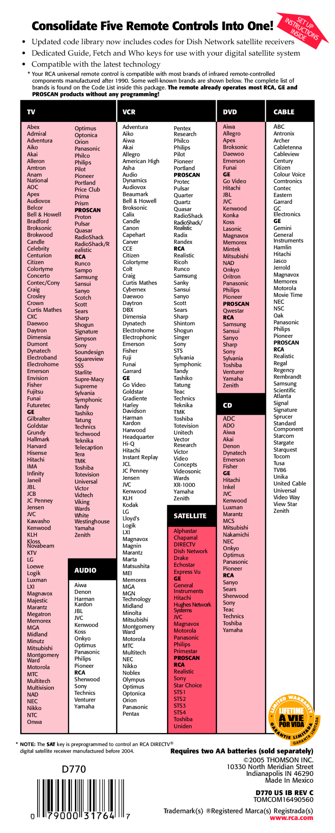 RCA D770 manual Consolidate Five Remote Controls Into One, Proscan products without any programming 