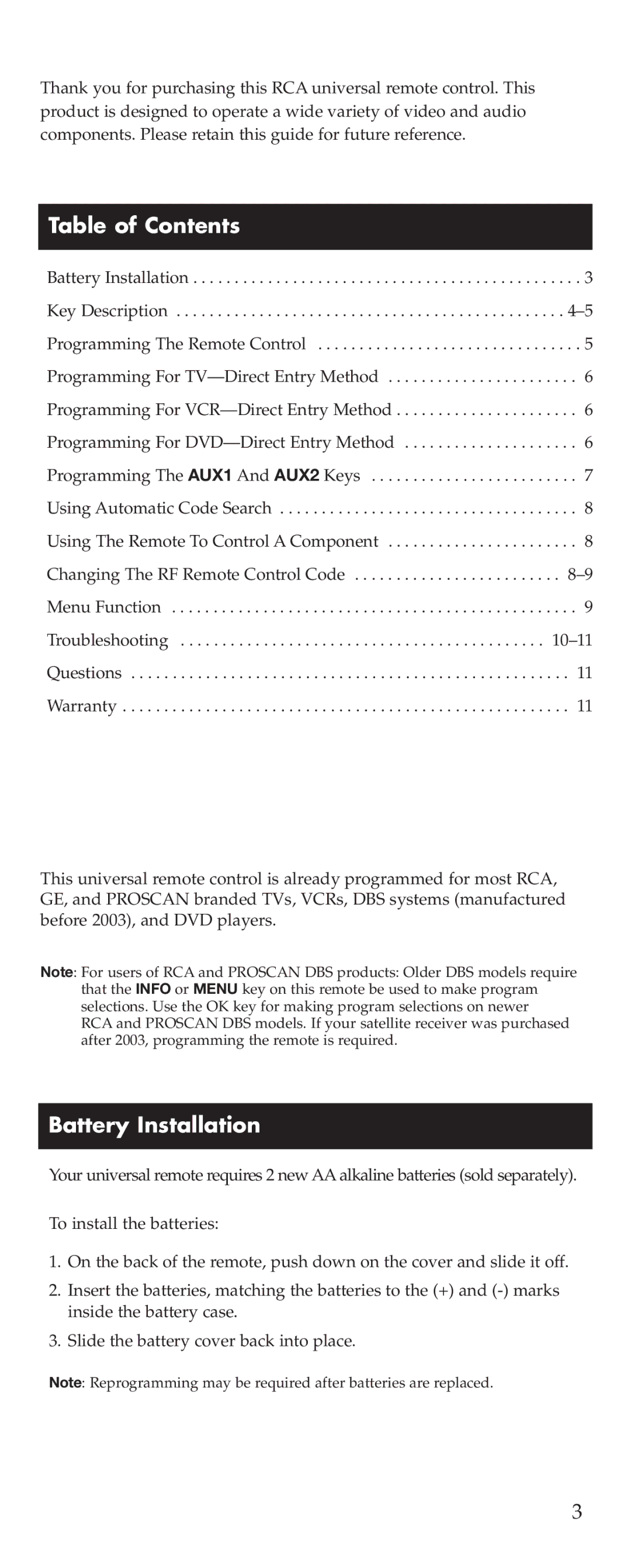 RCA D770 manual Table of Contents, Battery Installation 