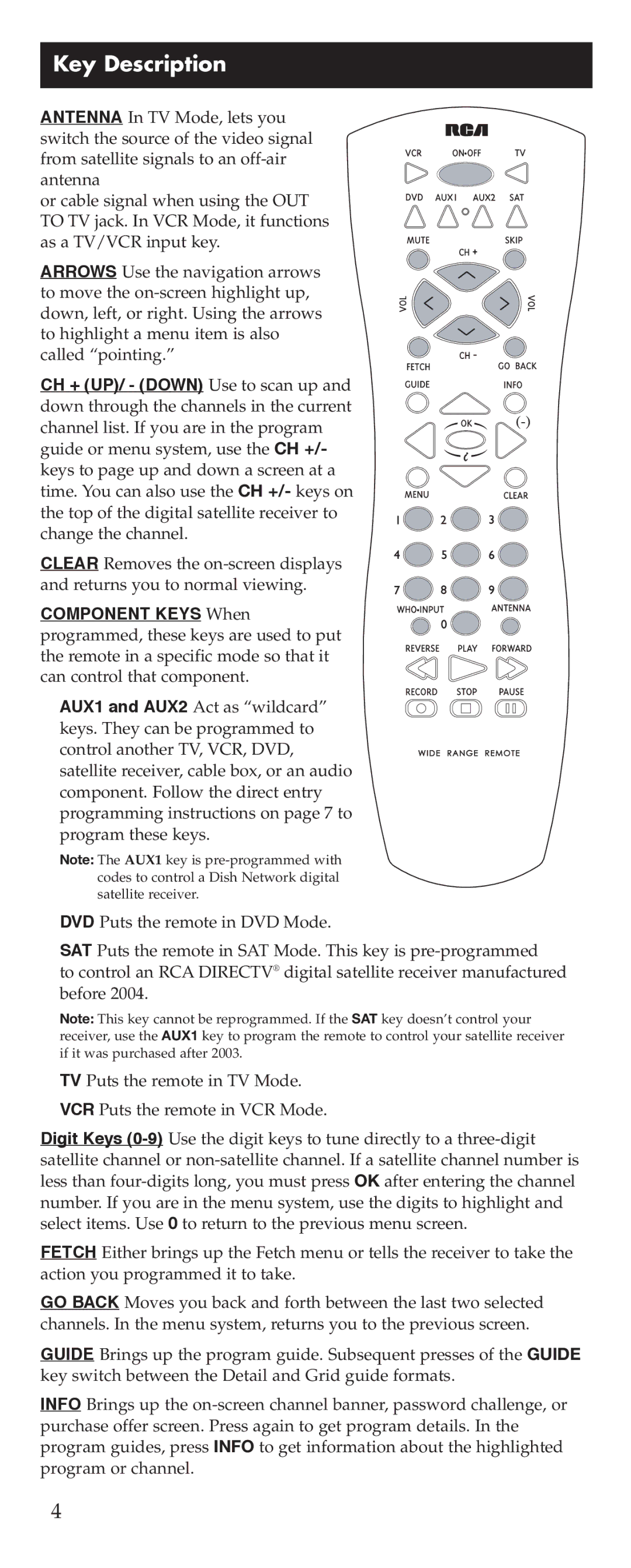 RCA D770 manual Key Description 