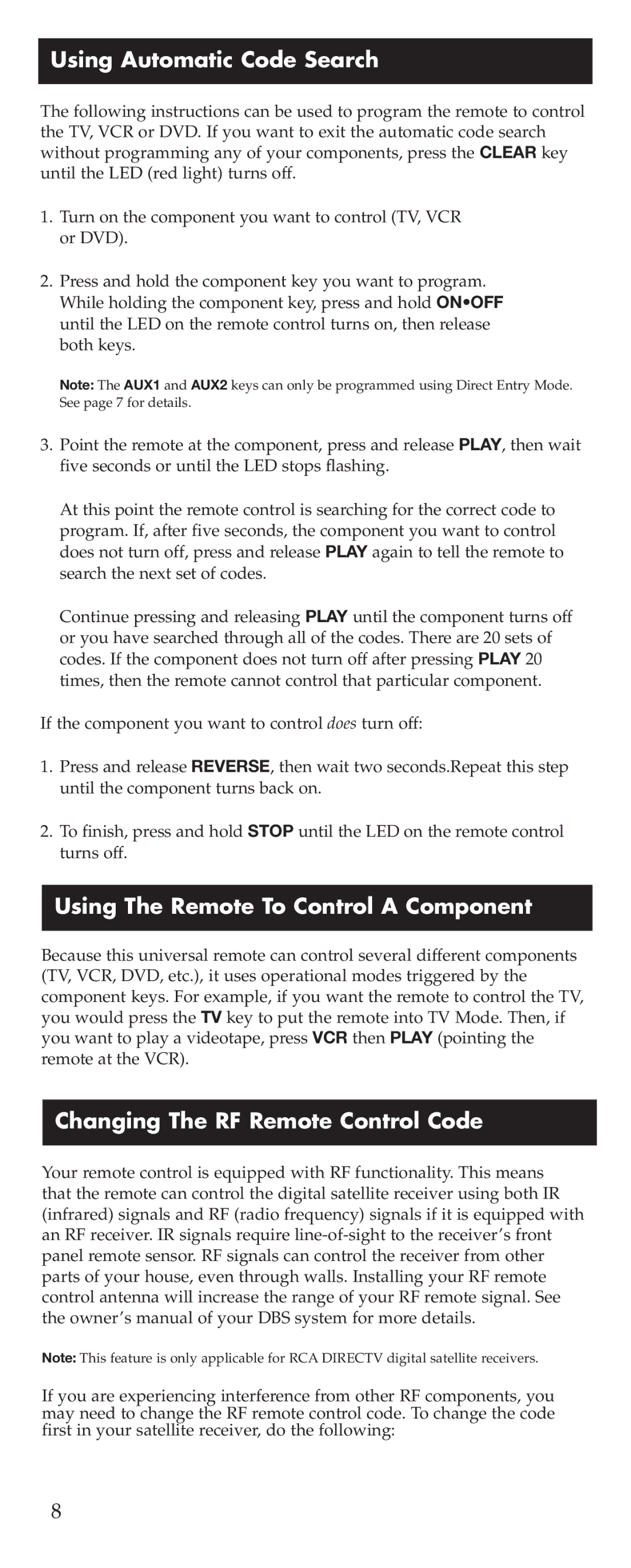 RCA D770 manual Using Automatic Code Search, Using The Remote To Control a Component, Changing The RF Remote Control Code 