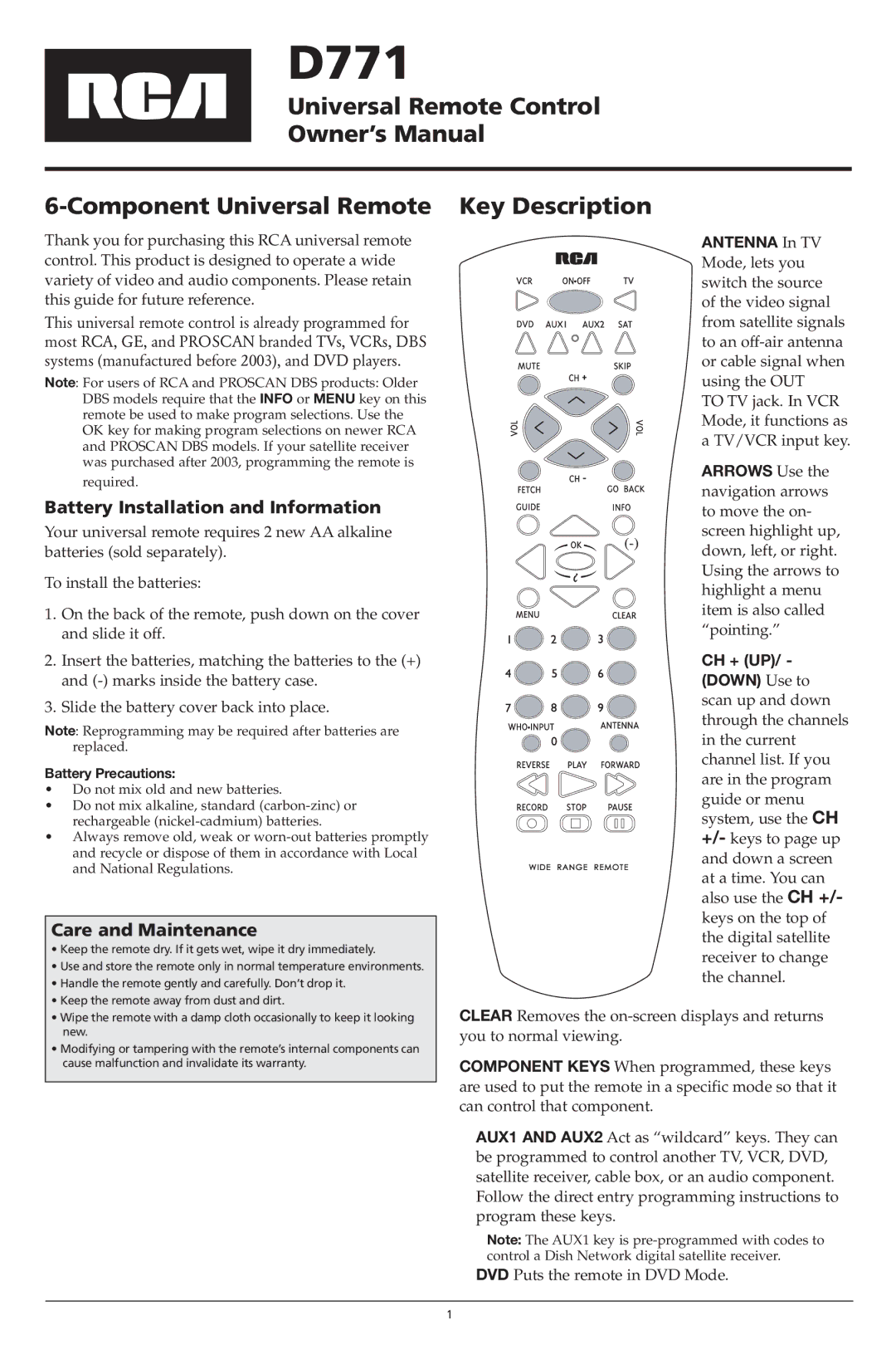 RCA D771 owner manual Battery Installation and Information, Care and Maintenance 