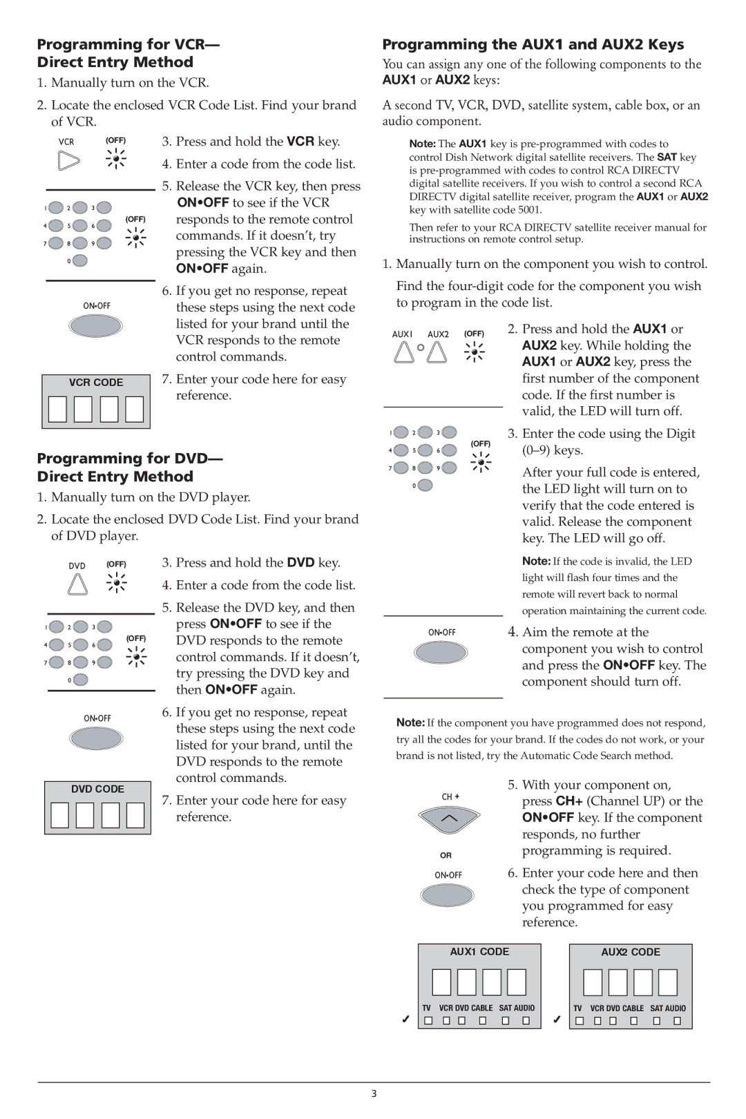 RCA D771 owner manual Programming for VCR Direct Entry Method, Programming the AUX1 and AUX2 Keys 