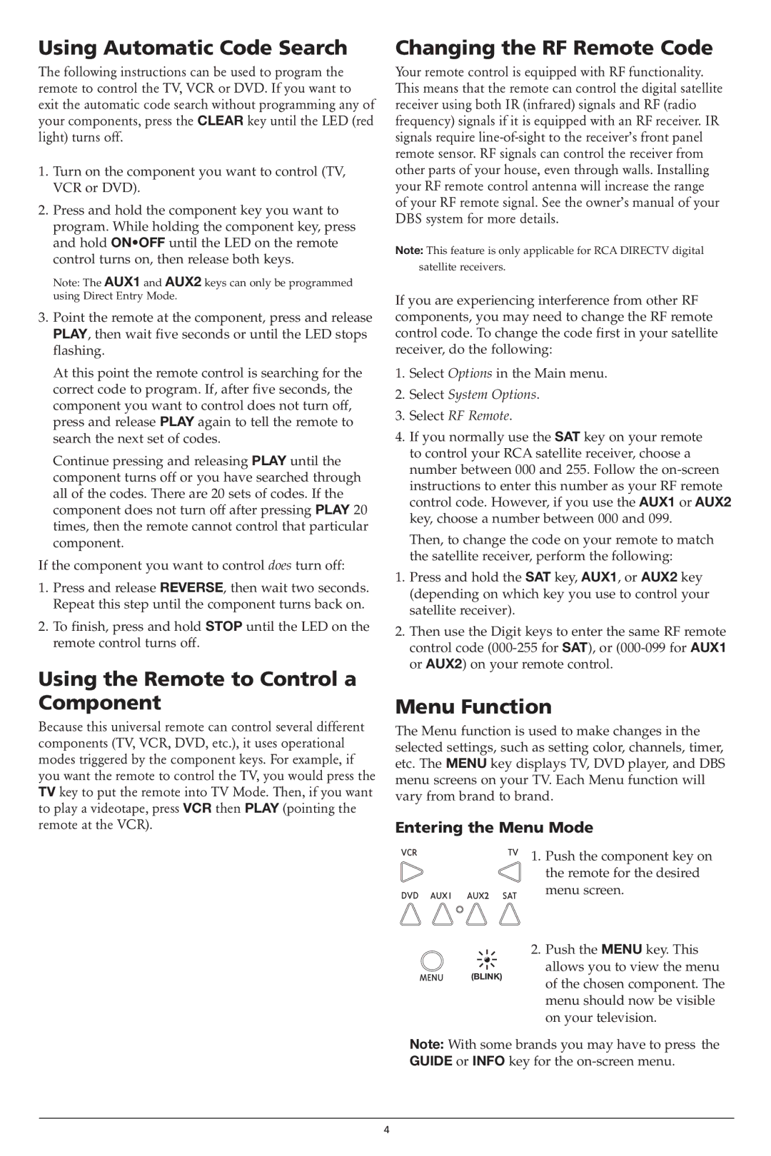 RCA D771 Using Automatic Code Search, Using the Remote to Control a Component, Changing the RF Remote Code, Menu Function 