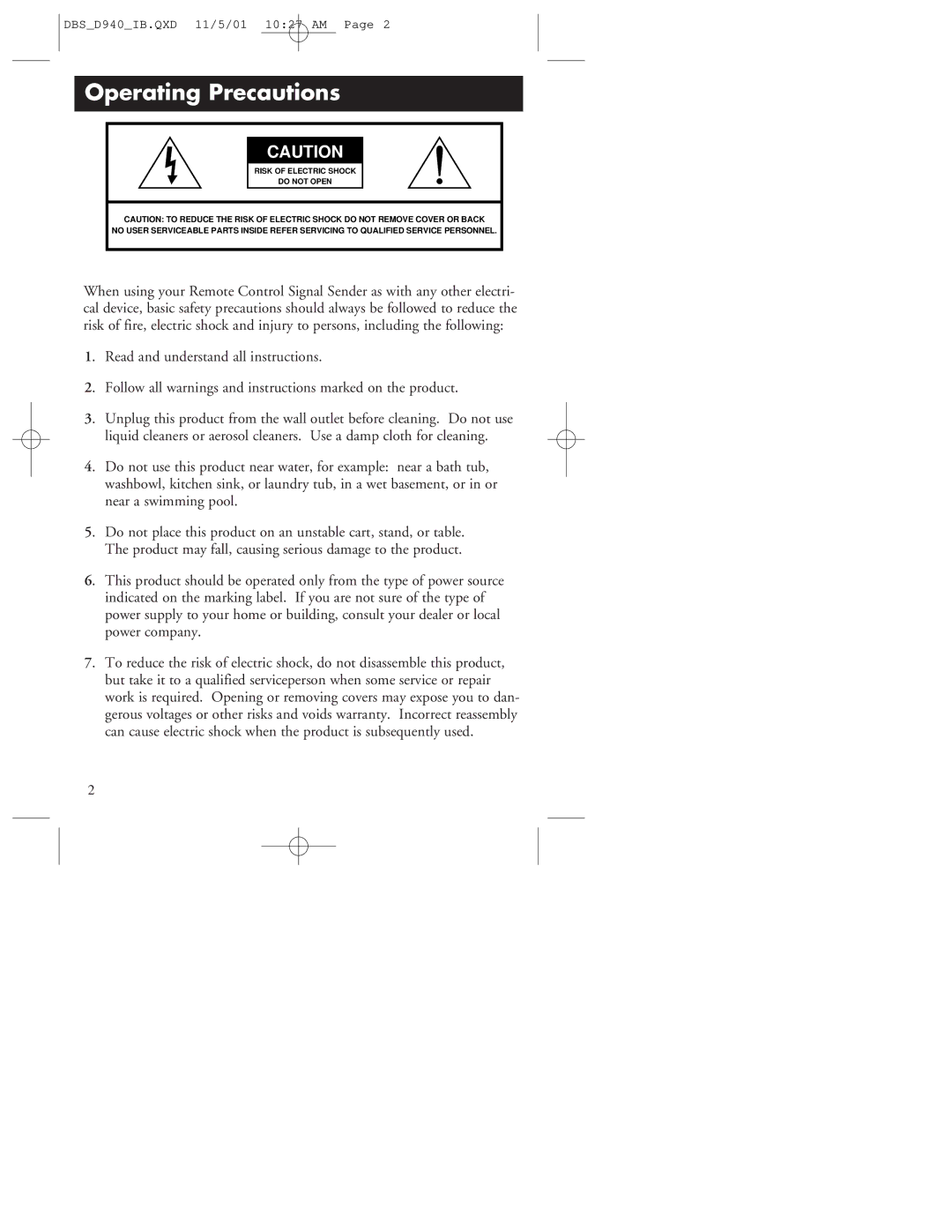 RCA D940 warranty Operating Precautions 