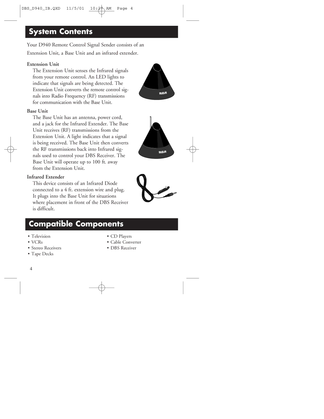 RCA D940 warranty System Contents, Compatible Components 