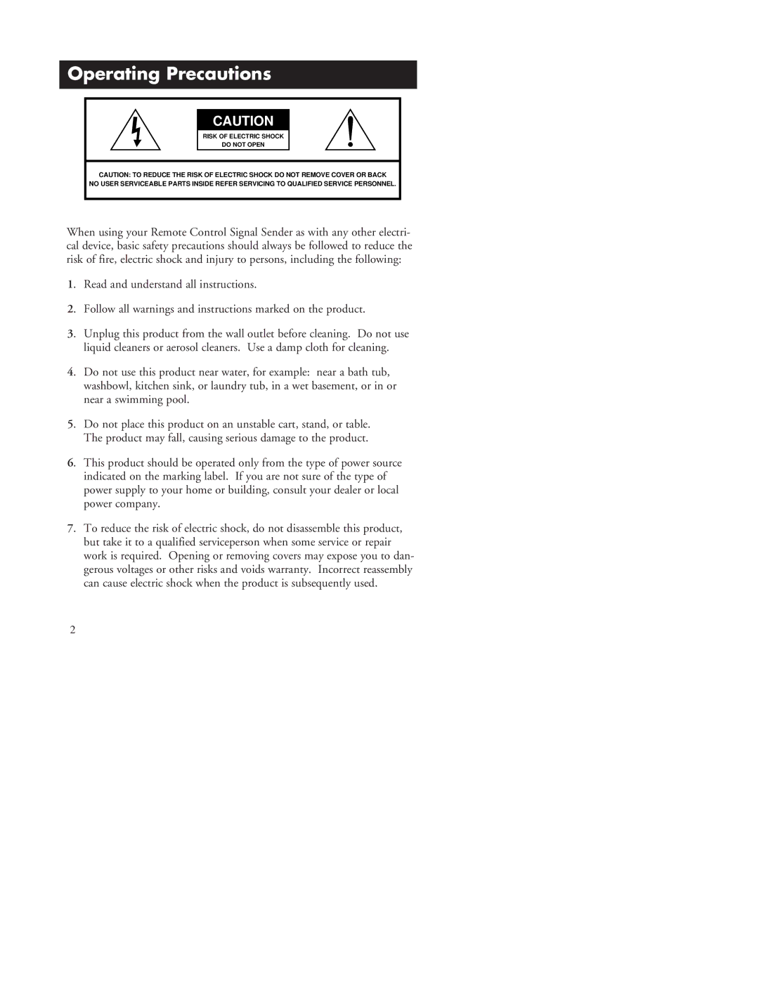 RCA D940 warranty Operating Precautions 