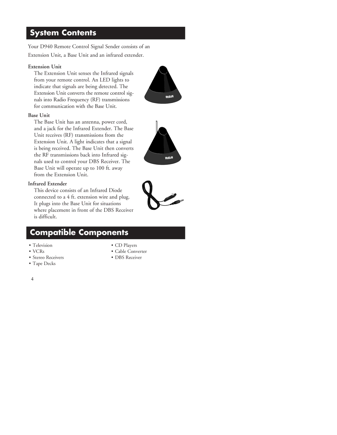 RCA D940 warranty System Contents, Compatible Components 