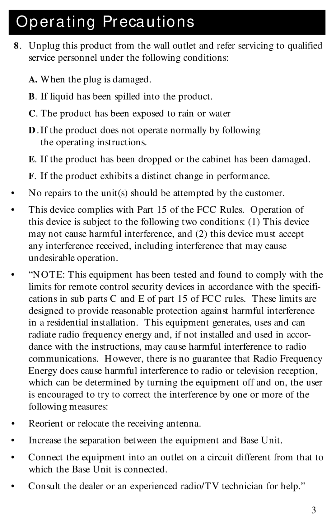 RCA D940 warranty Operating Precautions 