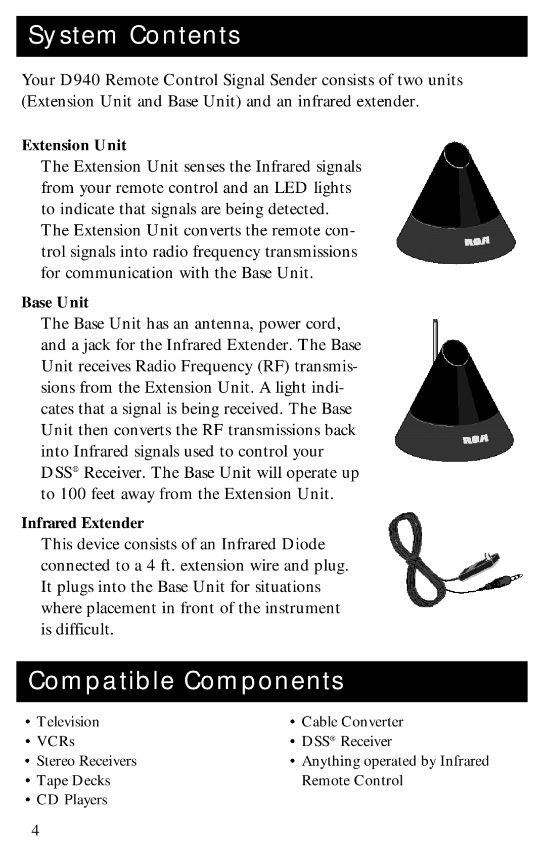 RCA D940 warranty System Contents, Compatible Components 