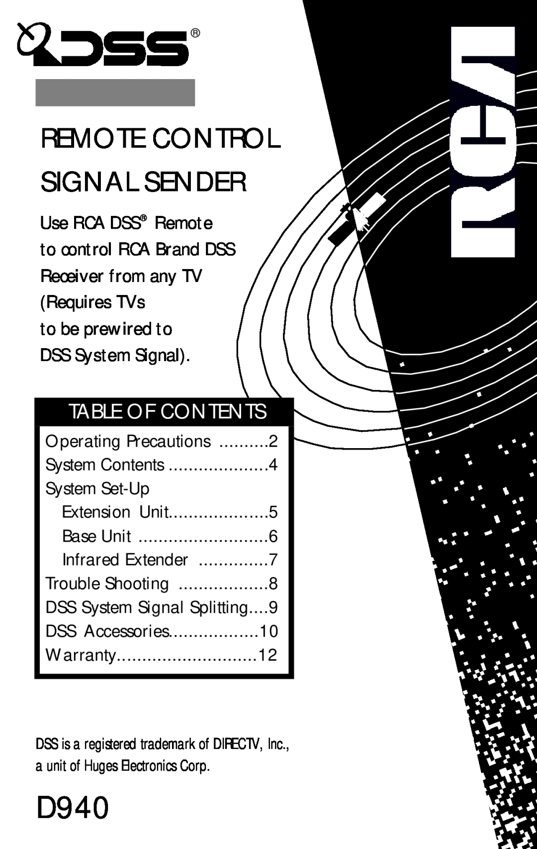 RCA D940 warranty Remote Control Signal Sender, Use RCA DSS Remote to control RCA Brand DSS, Table Of Contents 