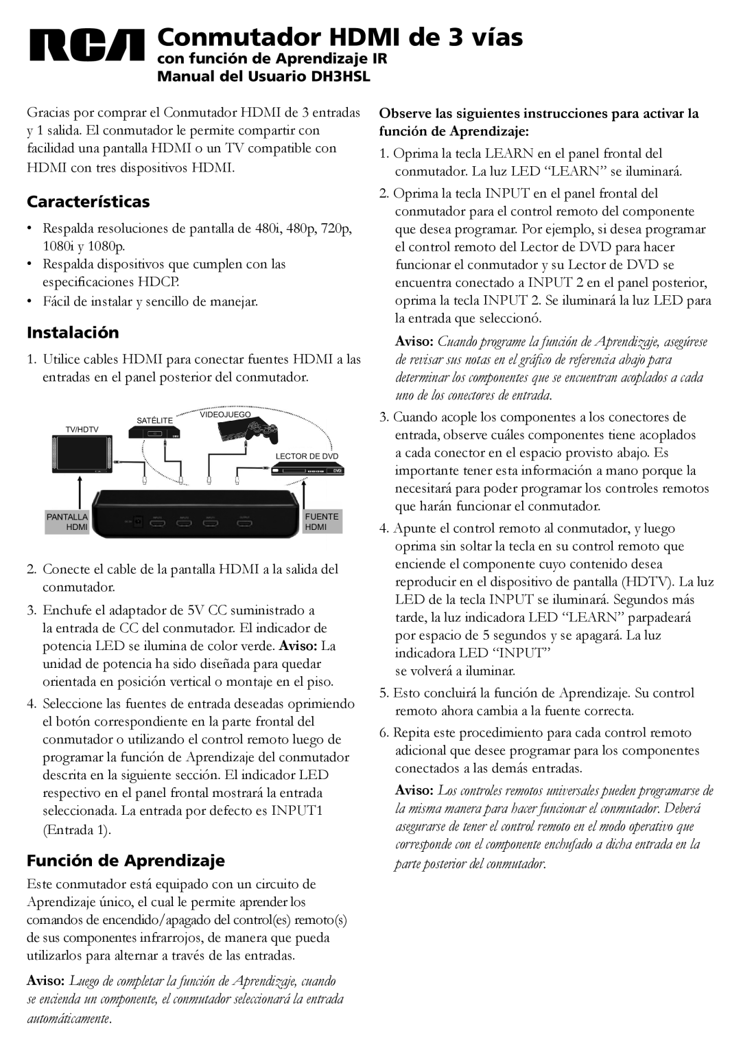 RCA DH3HSL manual Conmutador Hdmi de 3 vías, Características, Instalación, Función de Aprendizaje 