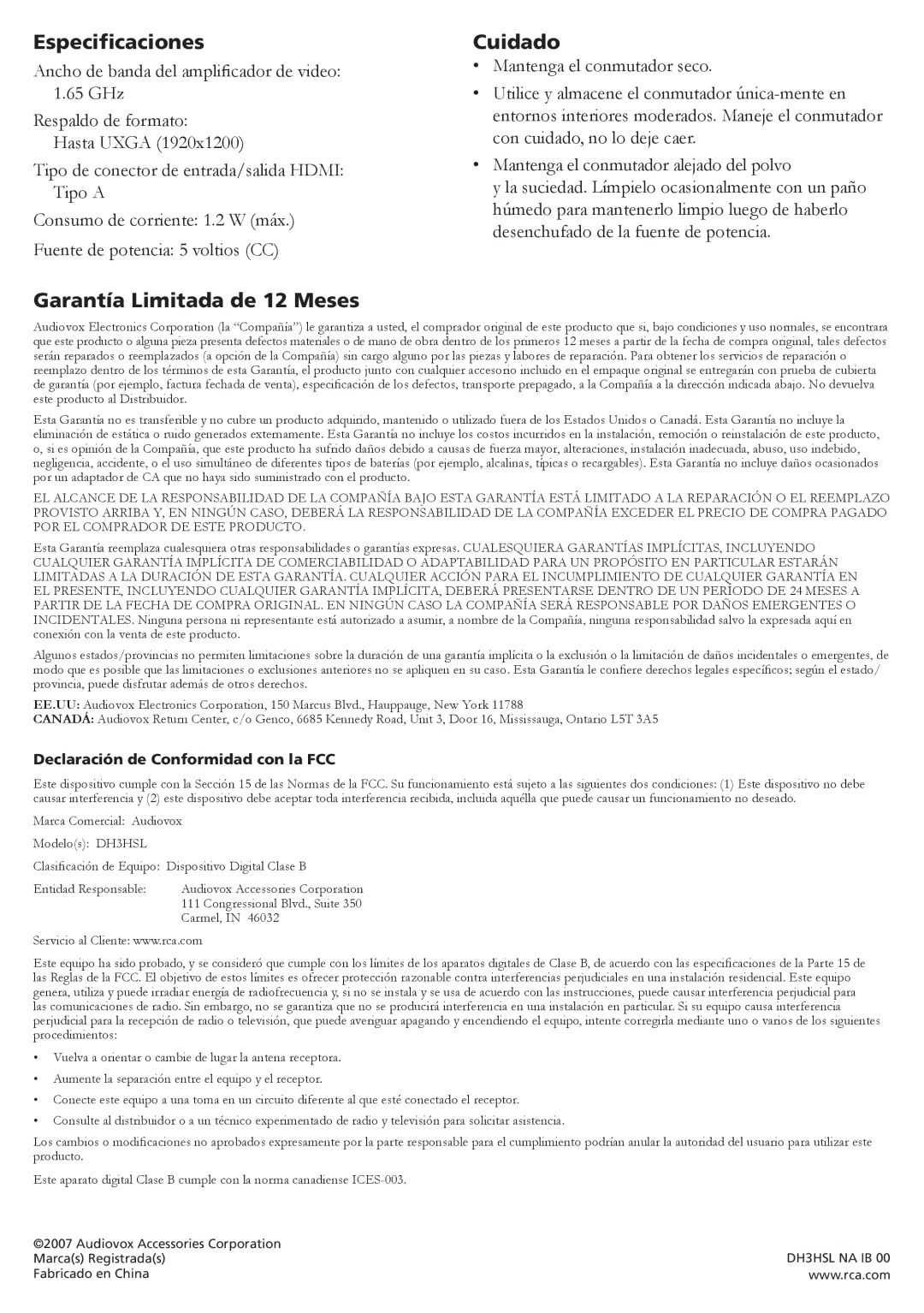 RCA DH3HSL manual Especificaciones, Cuidado, Garantía Limitada de 12 Meses 