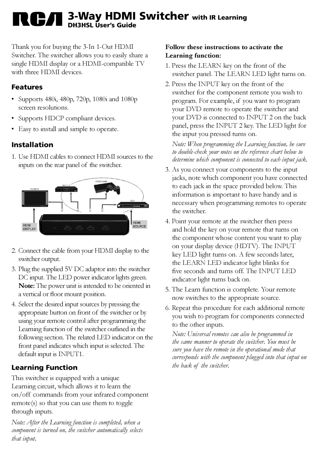 RCA DH3HSL manual Way HDMI Switcher with IR Learning, Features, Installation, Learning Function 