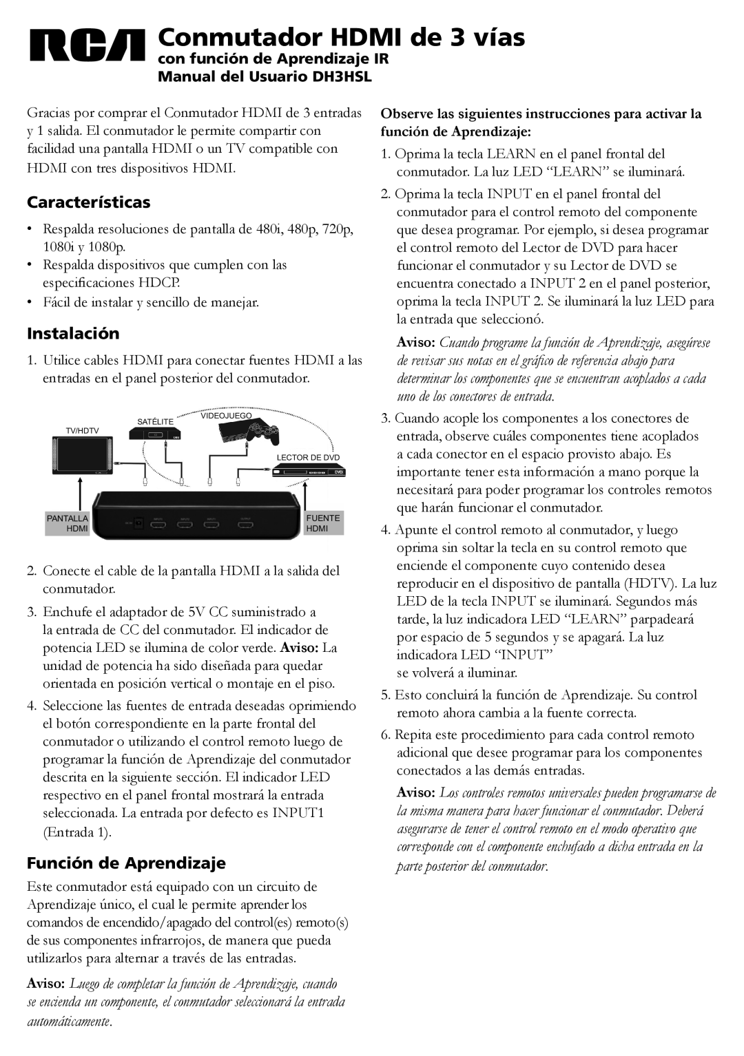 RCA DH3HSL manual Conmutador HDMI de 3 vías, Características, Instalación, Función de Aprendizaje 