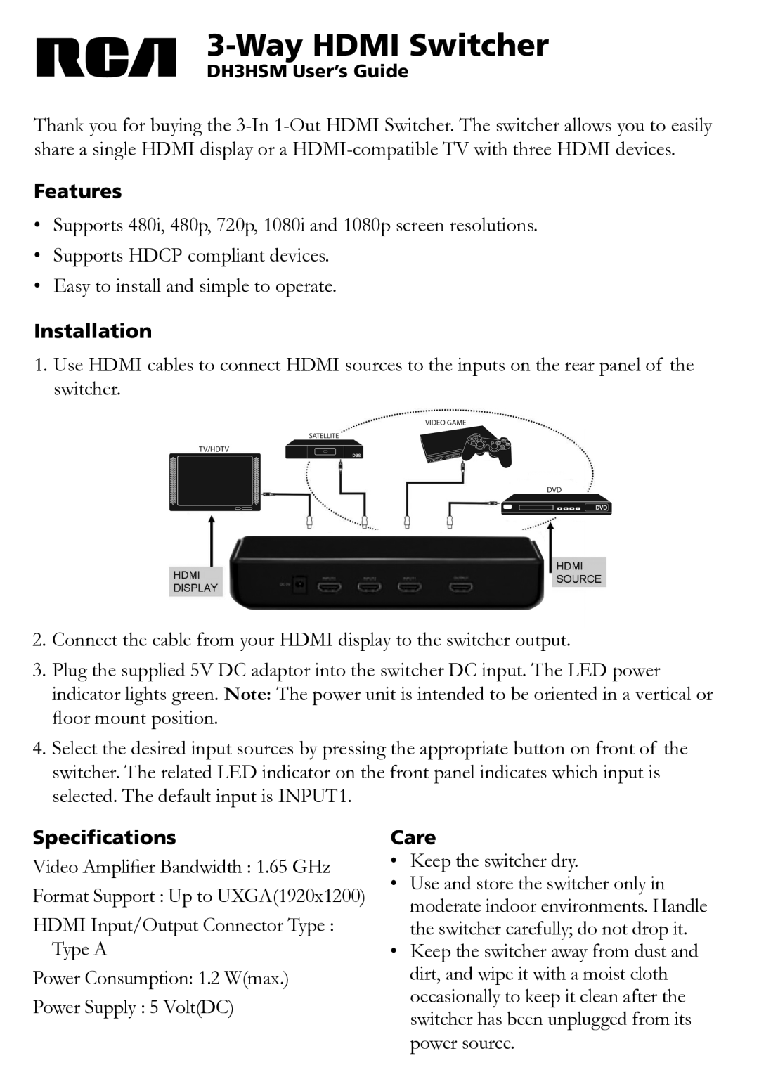 RCA DH3HSM specifications Way Hdmi Switcher, Features, Installation, Specifications, Care 