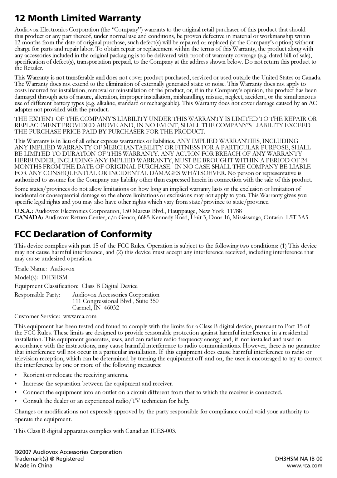 RCA DH3HSM specifications Month Limited Warranty, FCC Declaration of Conformity 