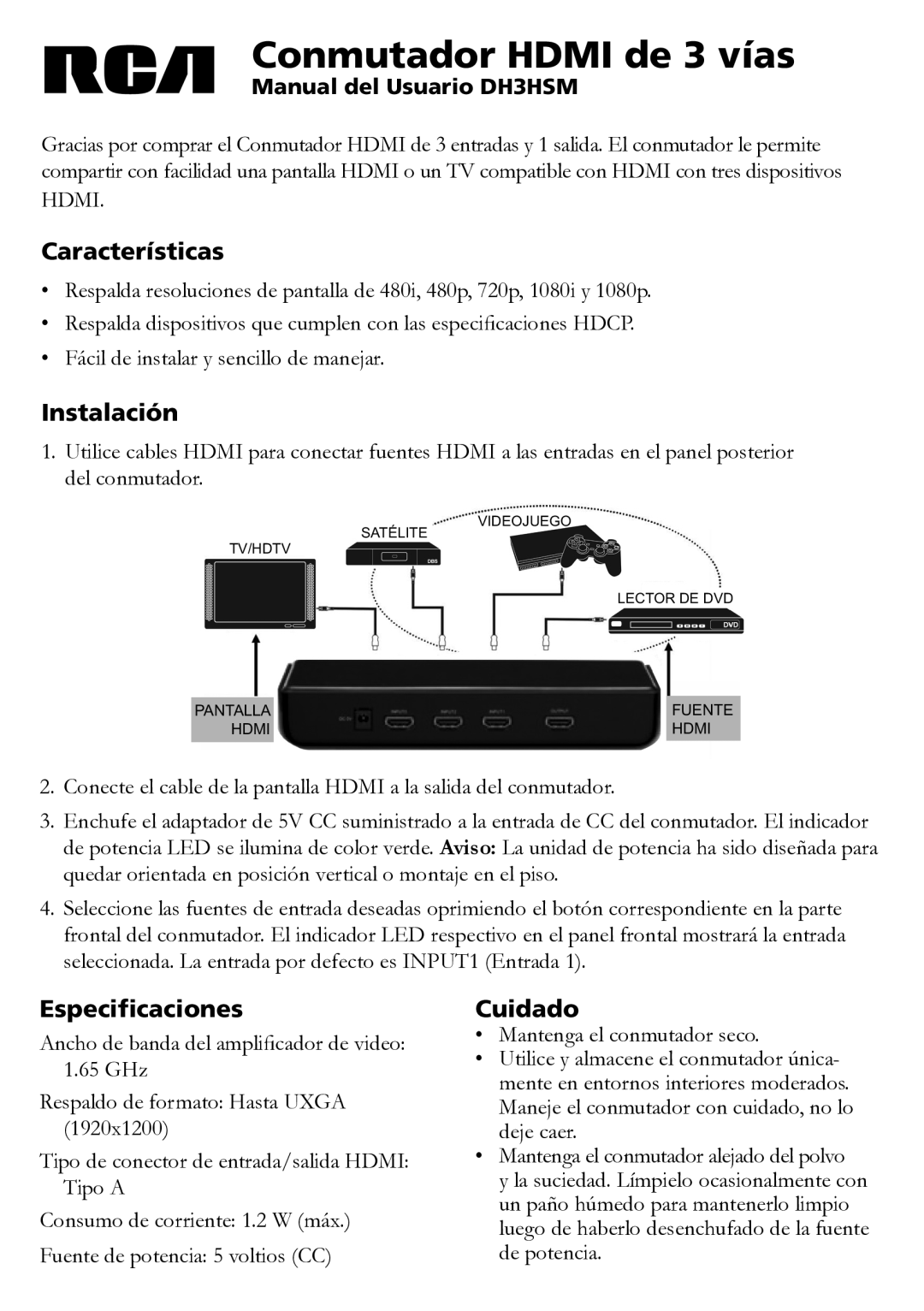 RCA DH3HSM specifications Conmutador Hdmi de 3 vías, Características, Instalación, Especificaciones, Cuidado 