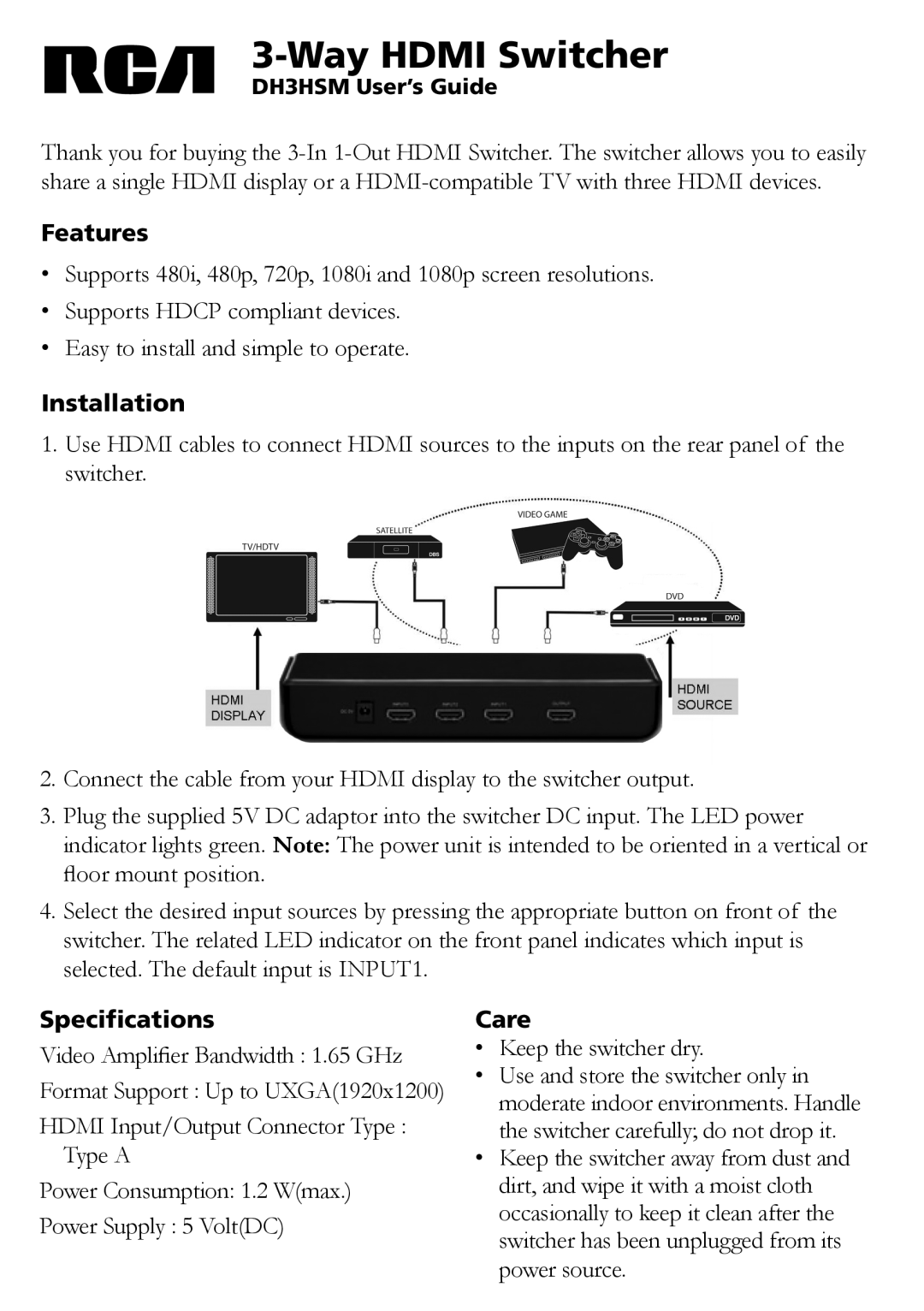RCA DH3HSM specifications Way HDMI Switcher, Features, Installation, Specifications, Care 