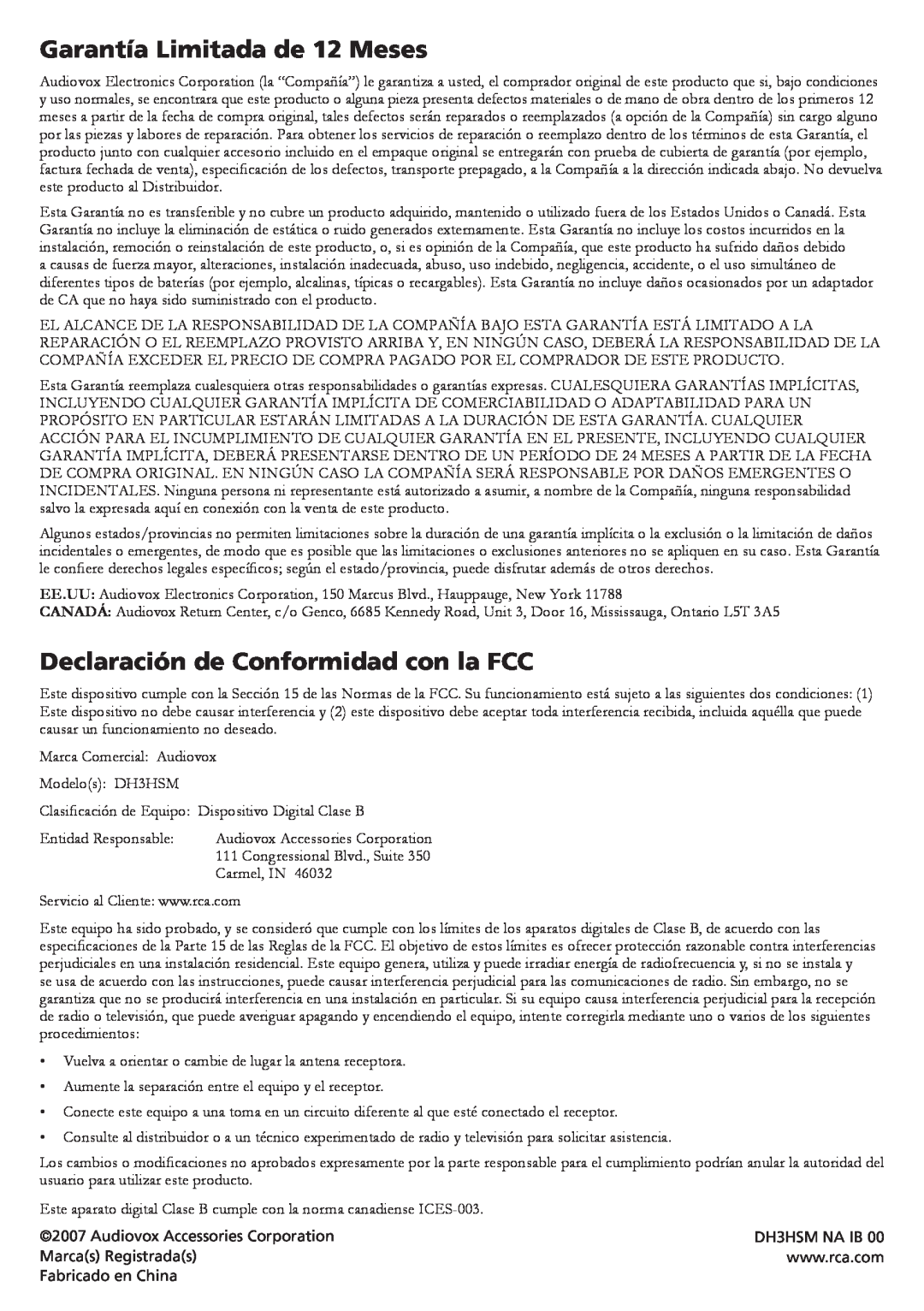 RCA DH3HSM specifications Garantía Limitada de 12 Meses, Declaración de Conformidad con la FCC 