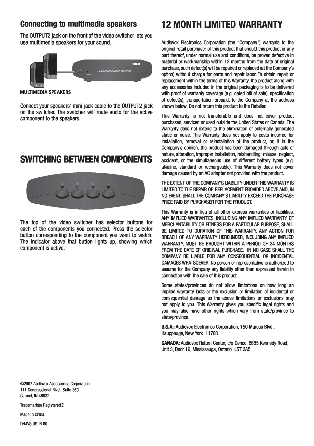 RCA DH4VS Switching between components, Month Limited Warranty, Connecting to multimedia speakers, Multimedia Speakers 