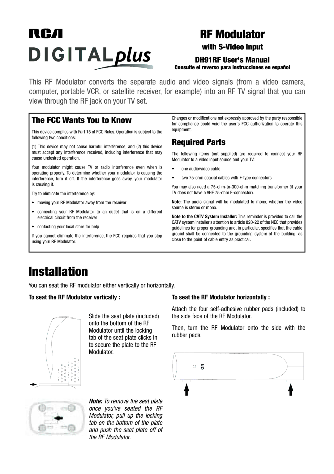 RCA DH91RF user manual Installation, Required Parts, FCC Wants You to Know, To seat the RF Modulator vertically 