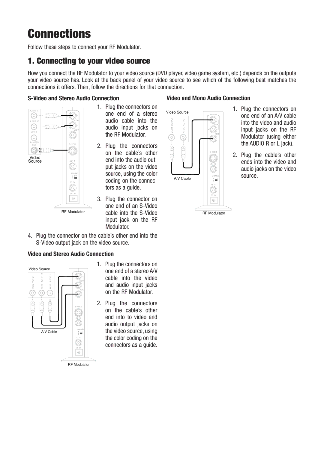 RCA DH91RF user manual Connections, Connecting to your video source, Video and Mono Audio Connection 