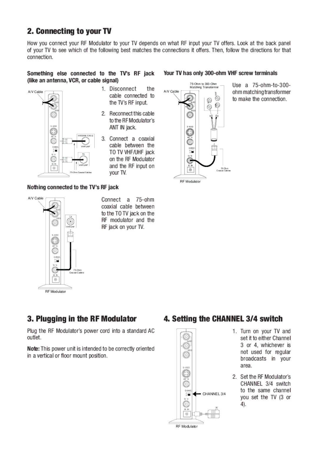 RCA DH91RF Connecting to your TV, Plugging in the RF Modulator Setting the Channel 3/4 switch, Use a 75-ohm-to-300 